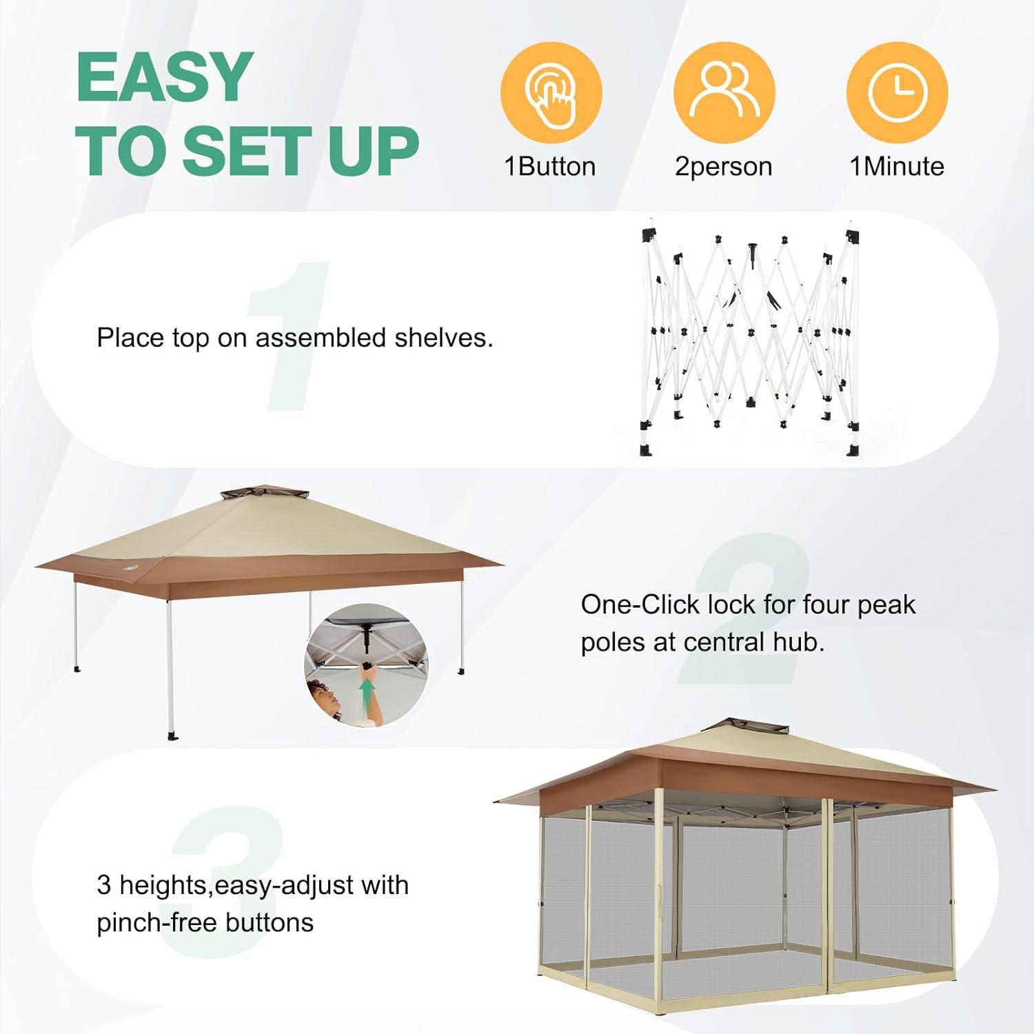 image:imageCOBIZI 12x12 Pop Up Gazebo On Clearance Upgrade Easy Up Metal Outdoor Canopy Waterproof Portable Gazebo with Mosquito Nettings 4 Ropes 8 Stakes and Carry Bag for Patio GardenLight GrayKhaki