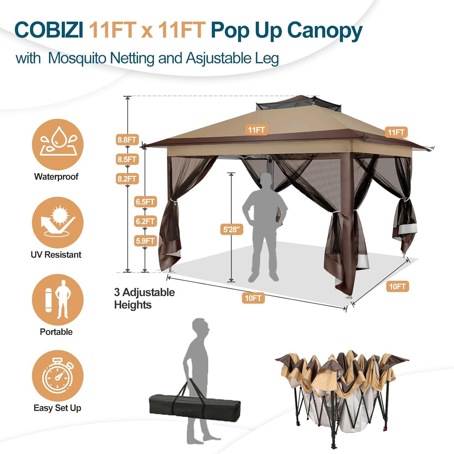 image:imageCOBIZI 12x12 Pop Up Gazebo On Clearance Upgrade Easy Up Metal Outdoor Canopy Waterproof Portable Gazebo with Mosquito Nettings 4 Ropes 8 Stakes and Carry Bag for Patio GardenLight GrayCoffee