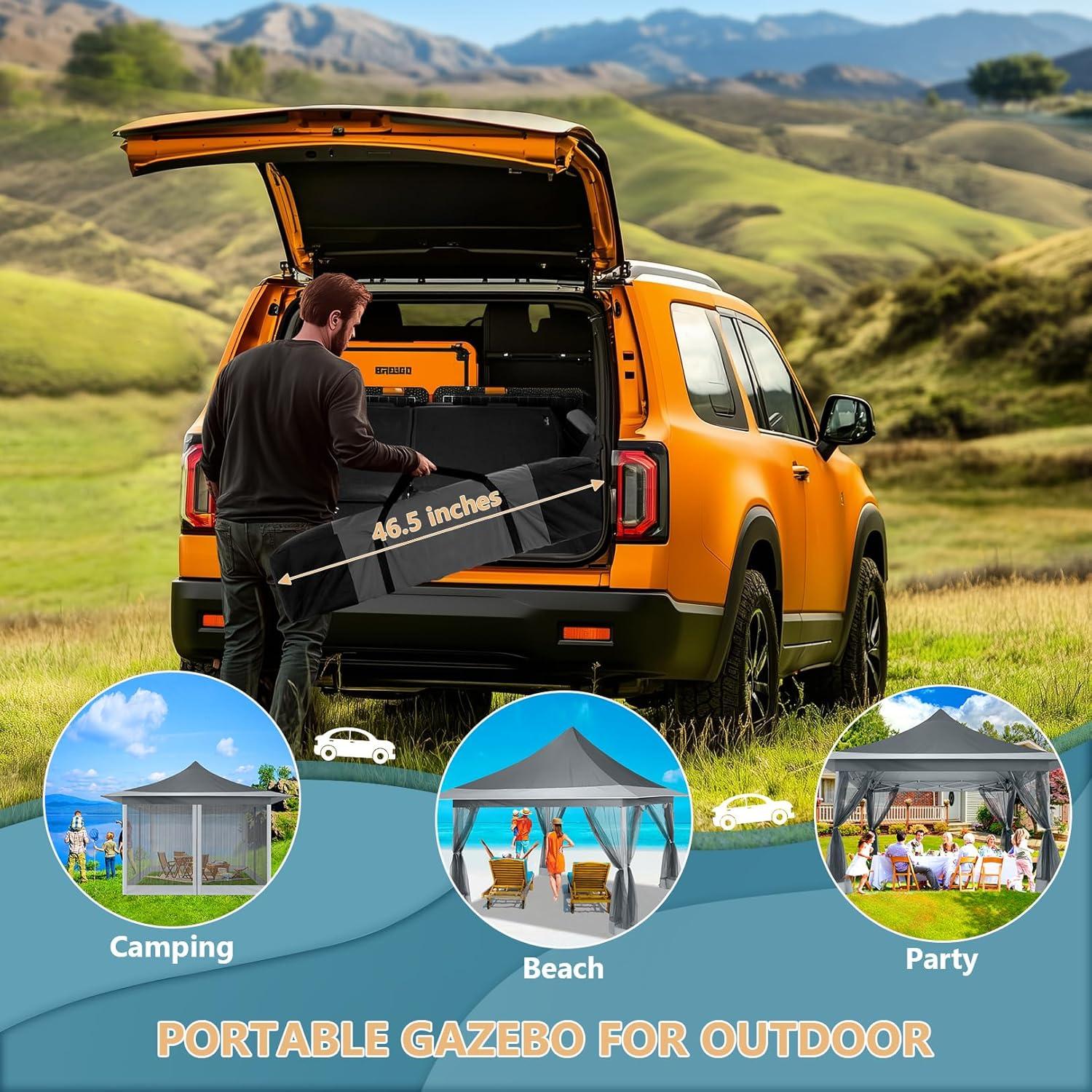 image:imageCOBIZI 12x12 Pop Up Gazebo On Clearance Upgrade Easy Up Metal Outdoor Canopy Waterproof Portable Gazebo with Mosquito Nettings 4 Ropes 8 Stakes and Carry Bag for Patio GardenLight GrayGray