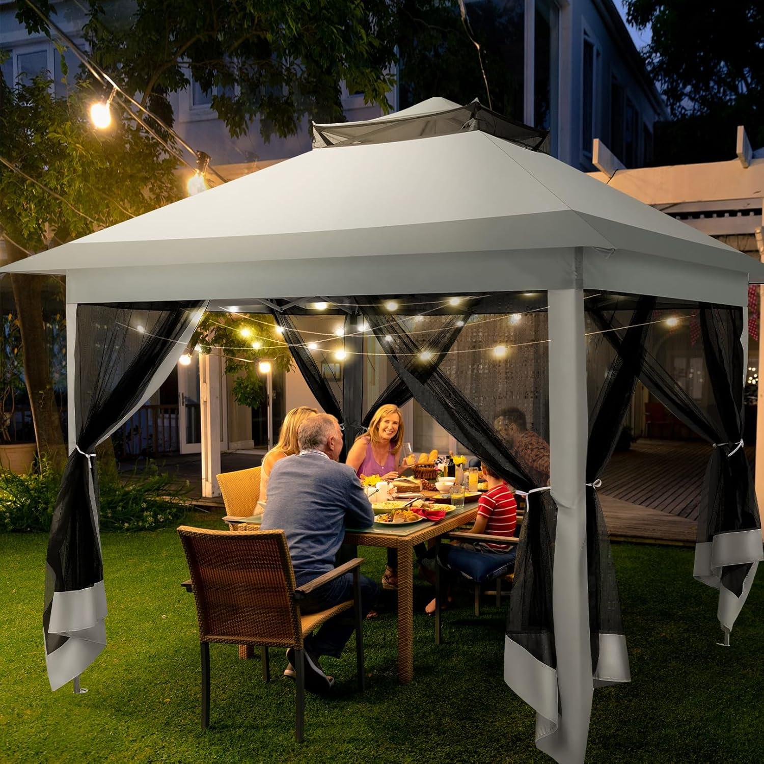 image:imageCOBIZI 12x12 Pop Up Gazebo On Clearance Upgrade Easy Up Metal Outdoor Canopy Waterproof Portable Gazebo with Mosquito Nettings 4 Ropes 8 Stakes and Carry Bag for Patio GardenLight GrayLight Gray