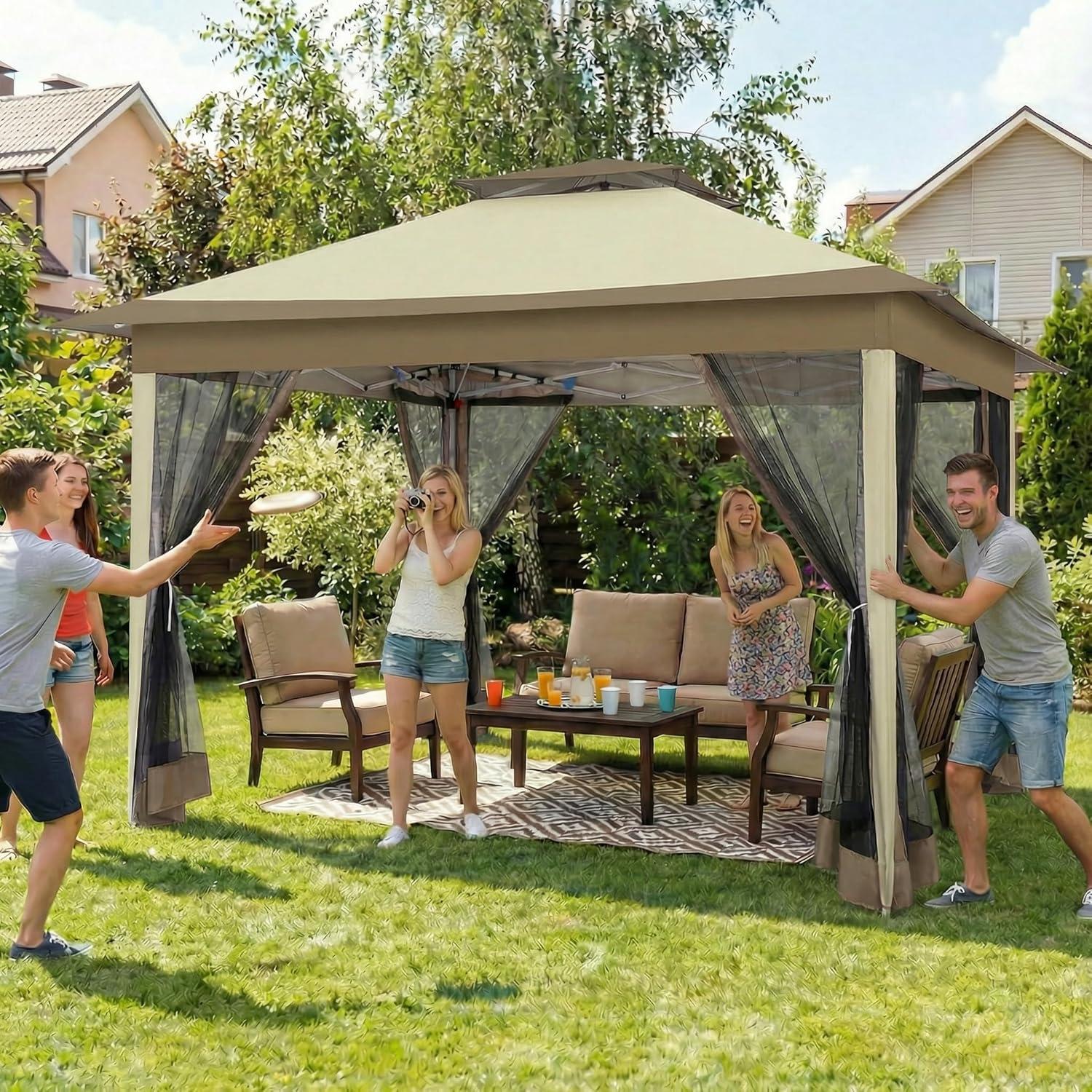 image:imageCOBIZI 12x12 Pop Up Gazebo On Clearance Upgrade Easy Up Metal Outdoor Canopy Waterproof Portable Gazebo with Mosquito Nettings 4 Ropes 8 Stakes and Carry Bag for Patio GardenLight GrayKhakiUPF50