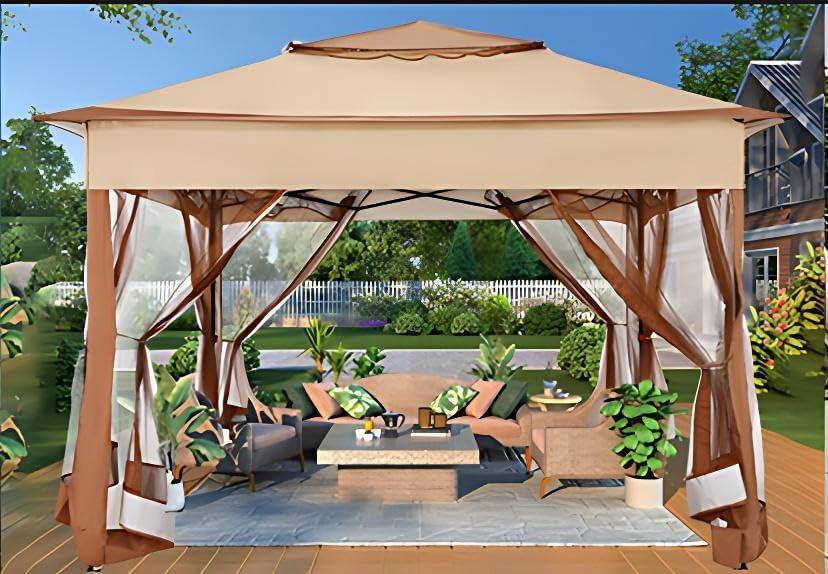 image:imageCOBIZI 12x12 Pop Up Gazebo On Clearance Upgrade Easy Up Metal Outdoor Canopy Waterproof Portable Gazebo with Mosquito Nettings 4 Ropes 8 Stakes and Carry Bag for Patio GardenLight GrayKhaki