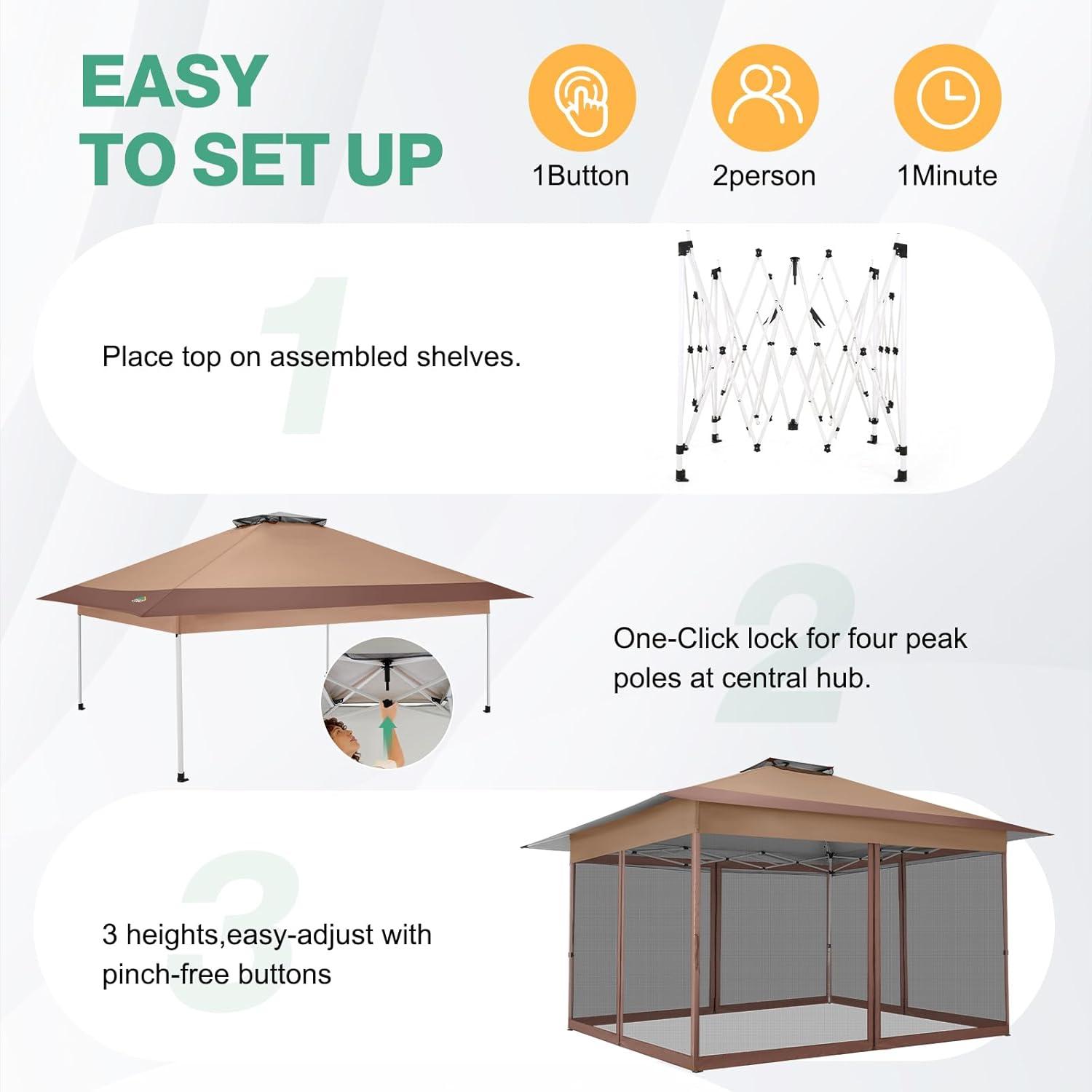 image:imageCOBIZI 12x12 Pop Up Gazebo On Clearance Upgrade Easy Up Metal Outdoor Canopy Waterproof Portable Gazebo with Mosquito Nettings 4 Ropes 8 Stakes and Carry Bag for Patio GardenLight GrayCoffee