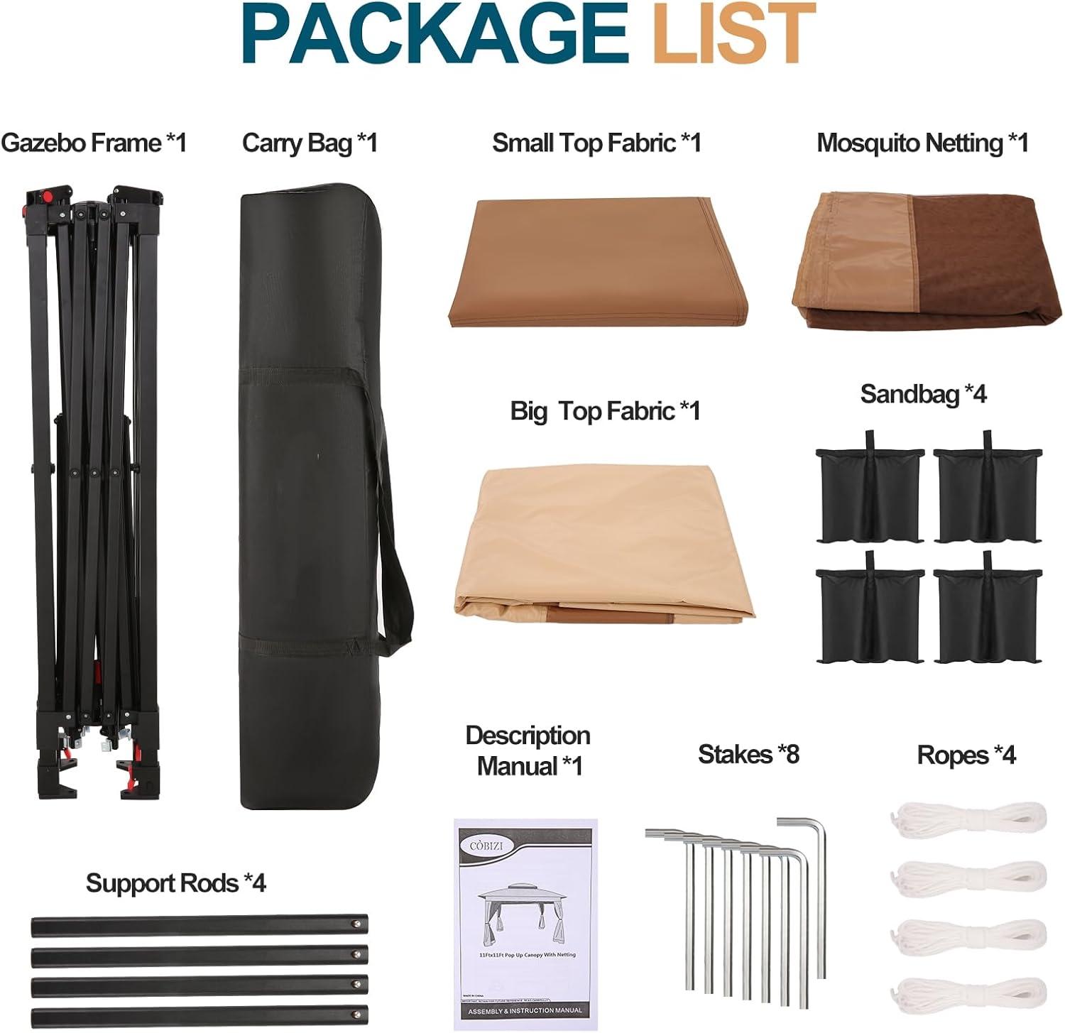 image:imageCOBIZI 12x12 Pop Up Gazebo On Clearance Upgrade Easy Up Metal Outdoor Canopy Waterproof Portable Gazebo with Mosquito Nettings 4 Ropes 8 Stakes and Carry Bag for Patio GardenLight GrayKhaki