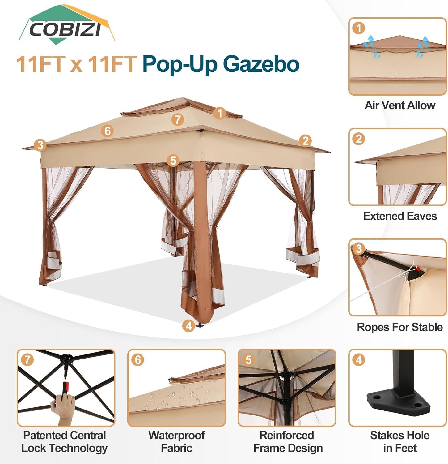 image:imageCOBIZI 12x12 Pop Up Gazebo On Clearance Upgrade Easy Up Metal Outdoor Canopy Waterproof Portable Gazebo with Mosquito Nettings 4 Ropes 8 Stakes and Carry Bag for Patio GardenLight GrayKhakiUPF50