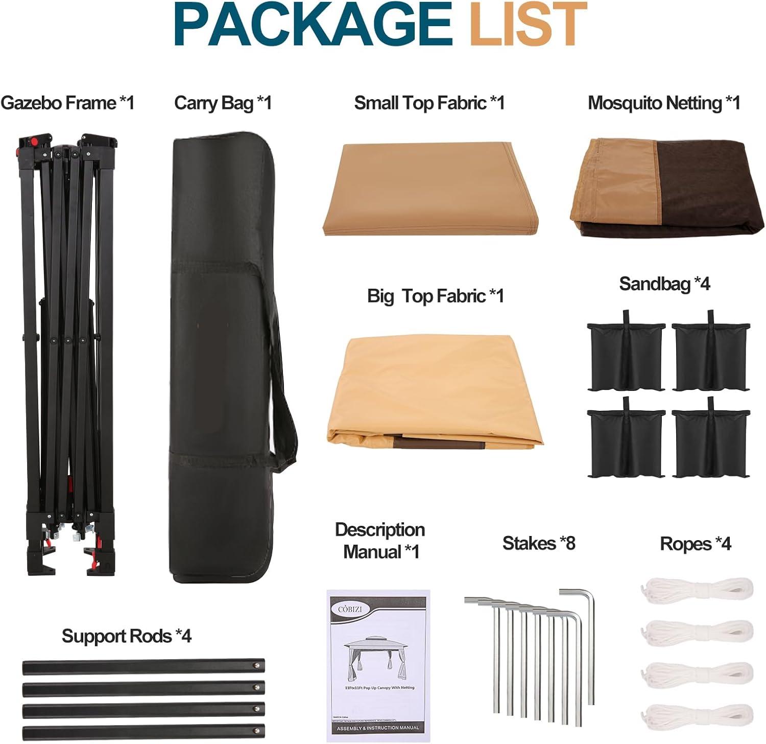 image:imageCOBIZI 12x12 Pop Up Gazebo On Clearance Upgrade Easy Up Metal Outdoor Canopy Waterproof Portable Gazebo with Mosquito Nettings 4 Ropes 8 Stakes and Carry Bag for Patio GardenLight GrayCoffeeUPF50