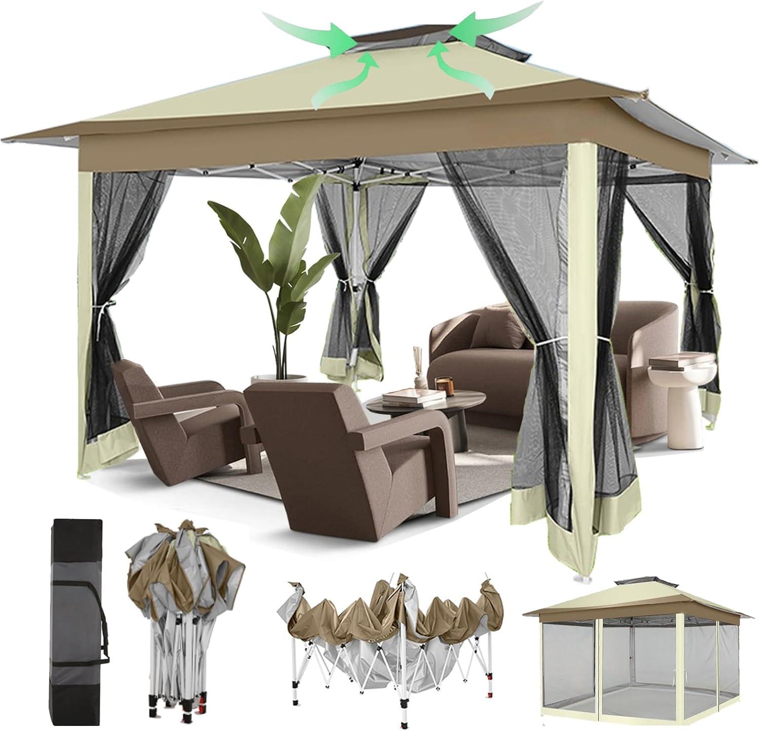 image:imageCOBIZI 12x12 Pop Up Gazebo On Clearance Upgrade Easy Up Metal Outdoor Canopy Waterproof Portable Gazebo with Mosquito Nettings 4 Ropes 8 Stakes and Carry Bag for Patio GardenLight GrayKhakiUPF50