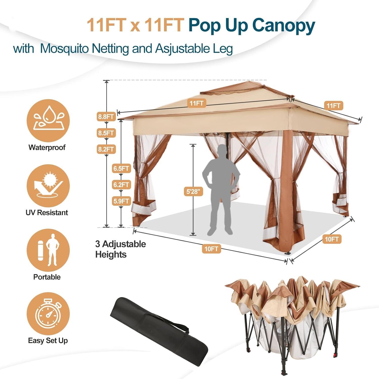 image:imageCOBIZI 12x12 Pop Up Gazebo On Clearance Upgrade Easy Up Metal Outdoor Canopy Waterproof Portable Gazebo with Mosquito Nettings 4 Ropes 8 Stakes and Carry Bag for Patio GardenLight GrayKhaki