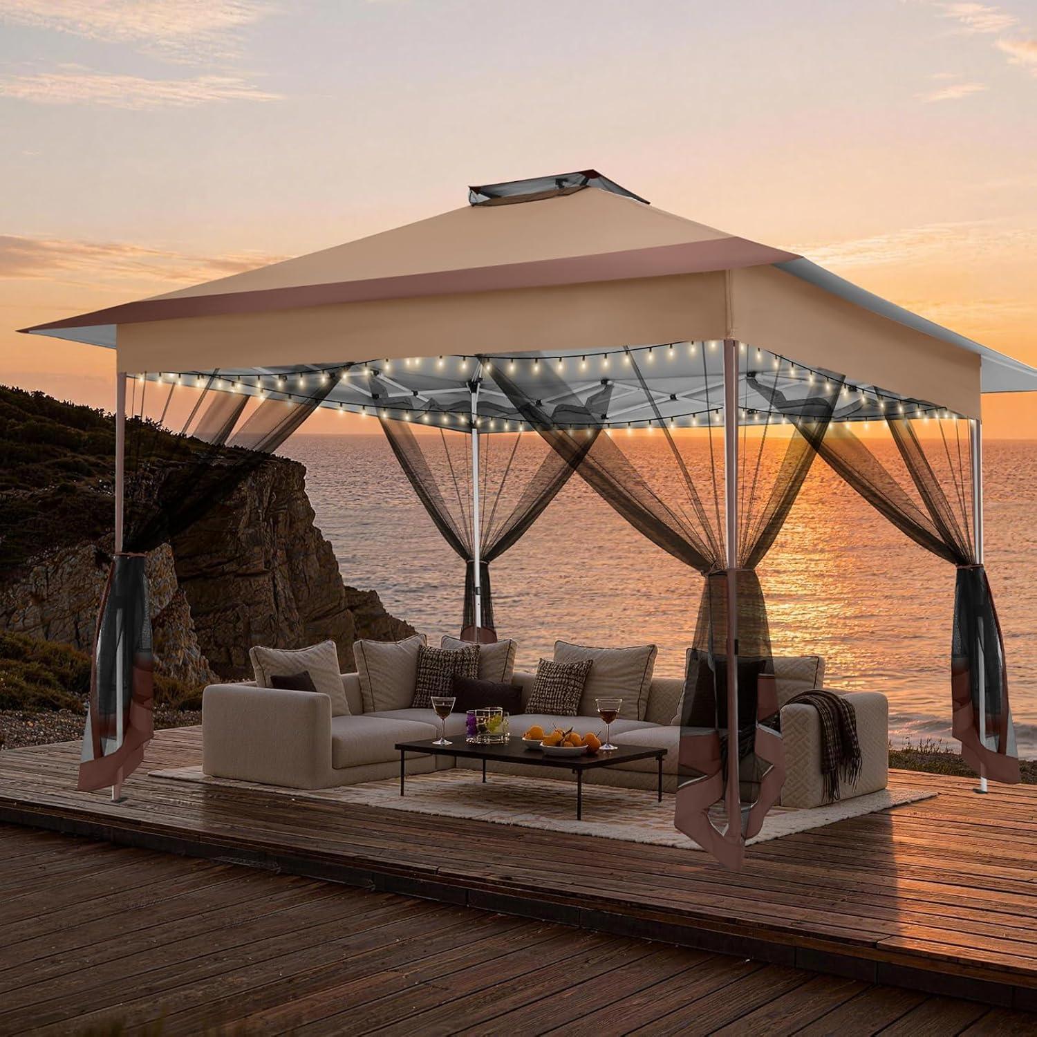 image:imageCOBIZI 12x12 Pop Up Gazebo On Clearance Upgrade Easy Up Metal Outdoor Canopy Waterproof Portable Gazebo with Mosquito Nettings 4 Ropes 8 Stakes and Carry Bag for Patio GardenLight GrayCoffee