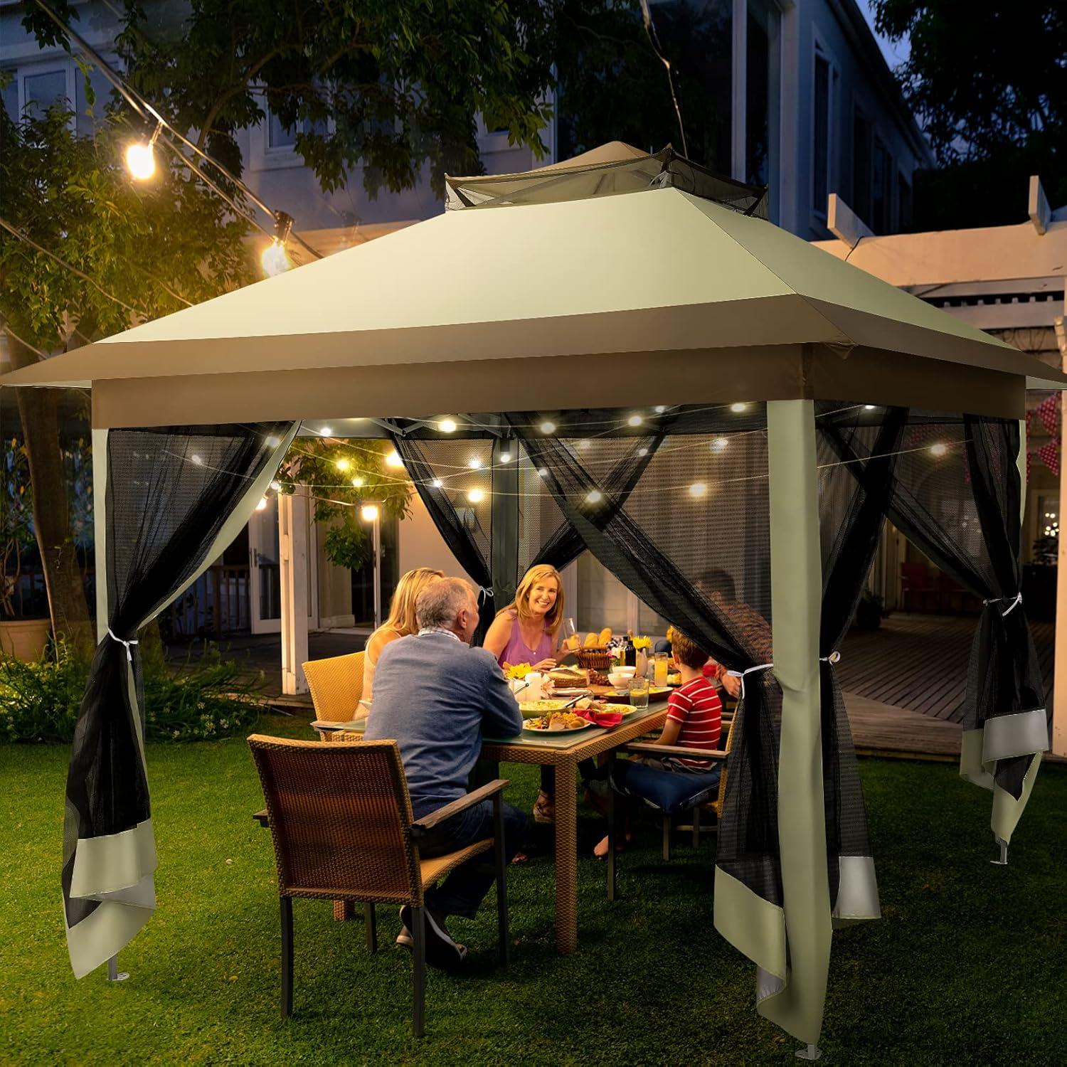 image:imageCOBIZI 12x12 Pop Up Gazebo On Clearance Upgrade Easy Up Metal Outdoor Canopy Waterproof Portable Gazebo with Mosquito Nettings 4 Ropes 8 Stakes and Carry Bag for Patio GardenLight GrayKhaki