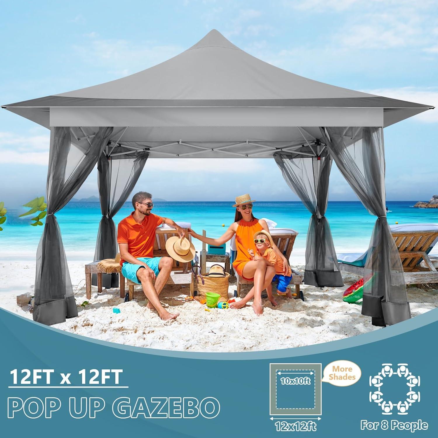 image:imageCOBIZI 12x12 Pop Up Gazebo On Clearance Upgrade Easy Up Metal Outdoor Canopy Waterproof Portable Gazebo with Mosquito Nettings 4 Ropes 8 Stakes and Carry Bag for Patio GardenLight GrayLight gray 3 Year Warranty