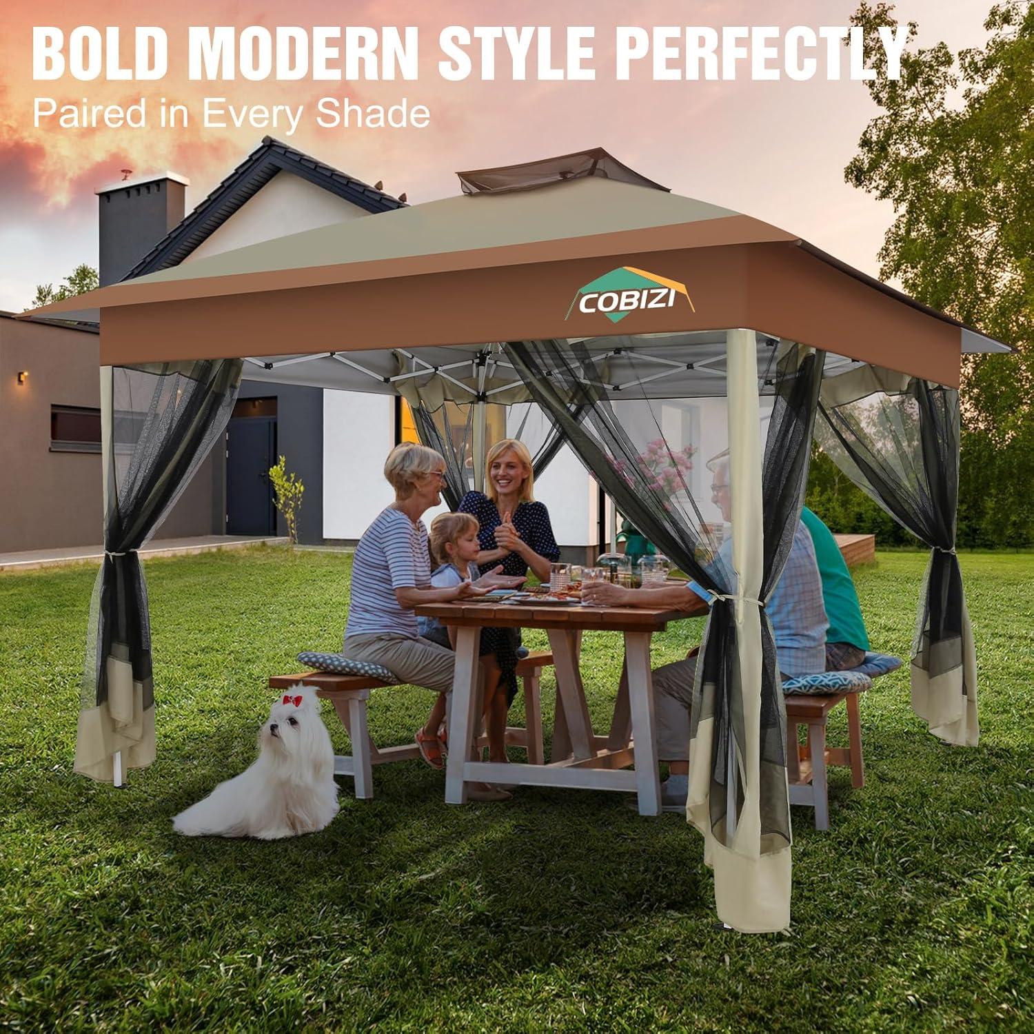 image:imageCOBIZI 12x12 Pop Up Gazebo On Clearance Upgrade Easy Up Metal Outdoor Canopy Waterproof Portable Gazebo with Mosquito Nettings 4 Ropes 8 Stakes and Carry Bag for Patio GardenLight GrayKhakiUPF50