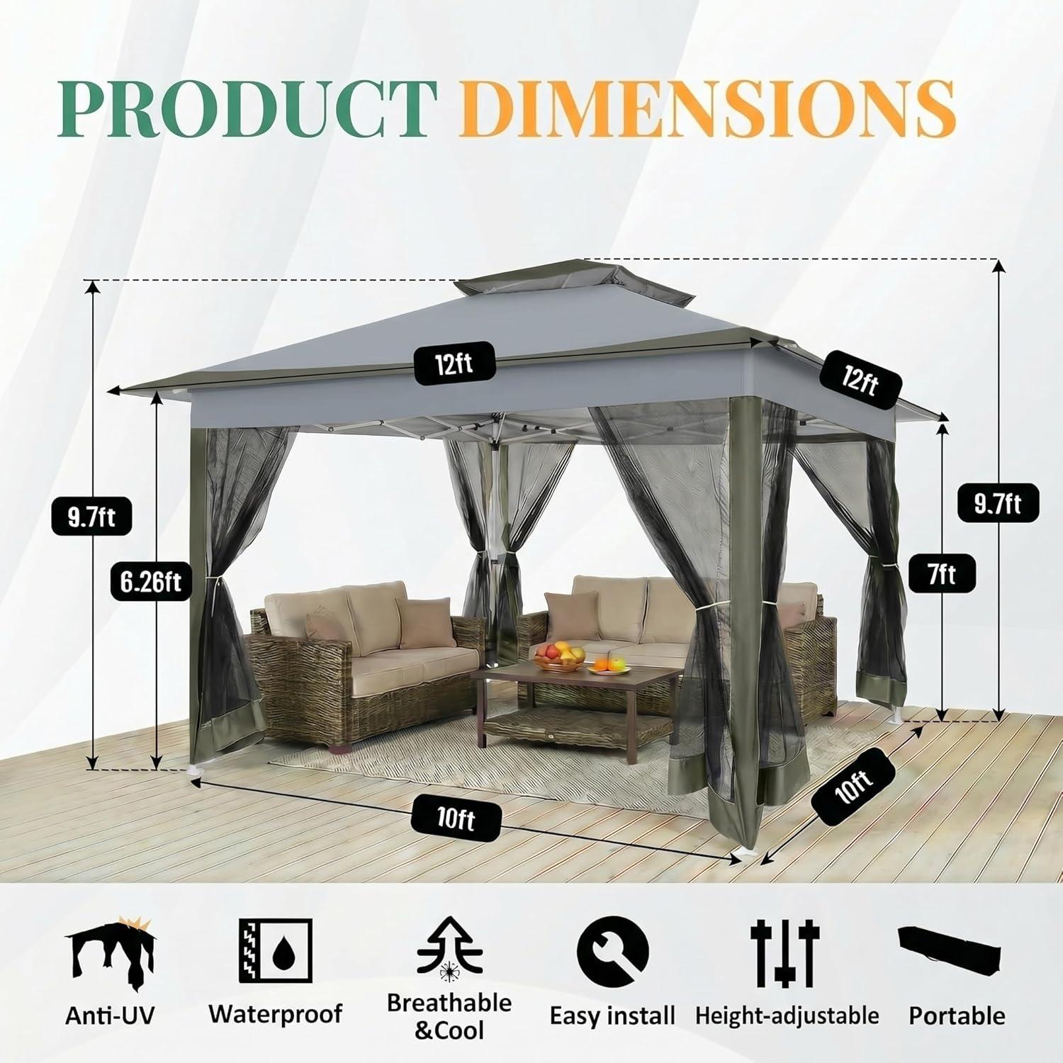 image:imageCOBIZI 12x12 Pop Up Gazebo On Clearance Upgrade Easy Up Metal Outdoor Canopy Waterproof Portable Gazebo with Mosquito Nettings 4 Ropes 8 Stakes and Carry Bag for Patio GardenLight GrayDark GrayUPF50
