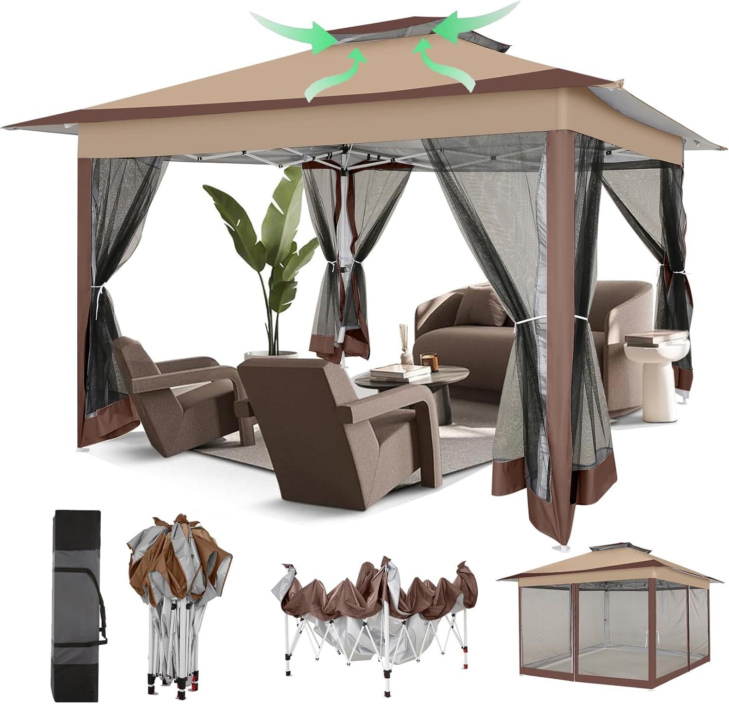image:imageCOBIZI 12x12 Pop Up Gazebo On Clearance Upgrade Easy Up Metal Outdoor Canopy Waterproof Portable Gazebo with Mosquito Nettings 4 Ropes 8 Stakes and Carry Bag for Patio GardenLight GrayCoffee