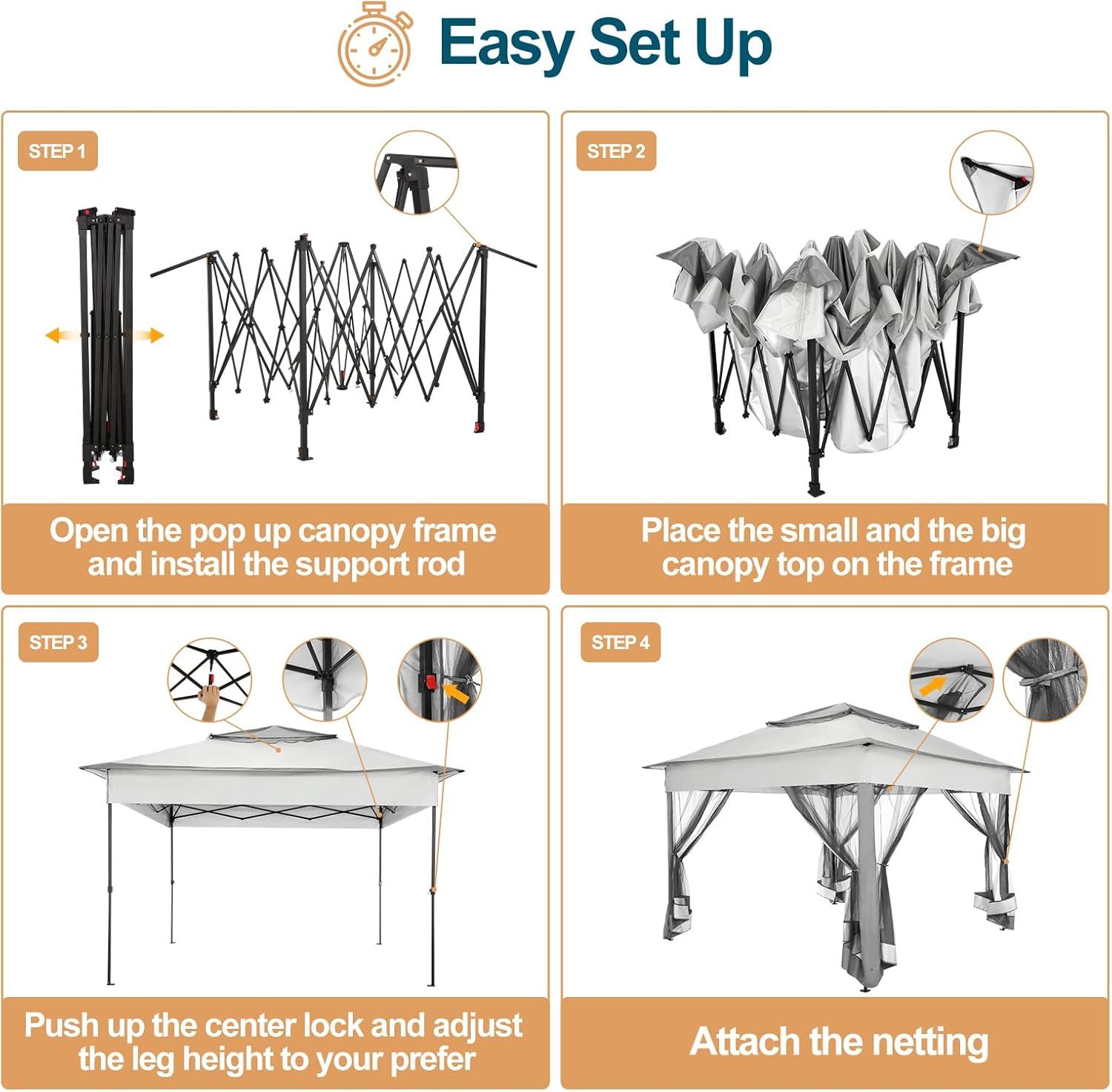 image:imageCOBIZI 12x12 Pop Up Gazebo On Clearance Upgrade Easy Up Metal Outdoor Canopy Waterproof Portable Gazebo with Mosquito Nettings 4 Ropes 8 Stakes and Carry Bag for Patio GardenLight GrayDark GrayUPF50
