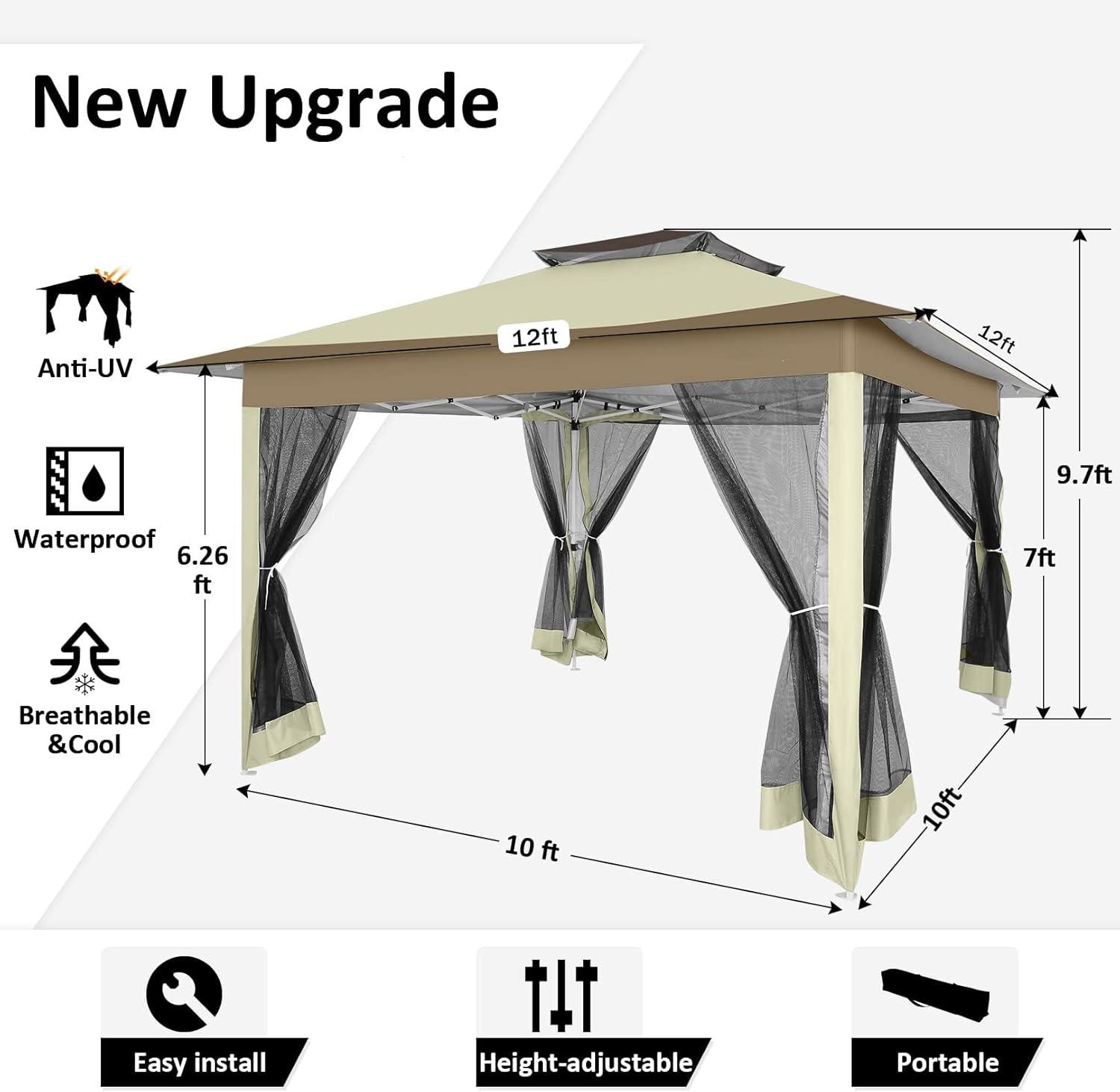 image:imageCOBIZI 12x12 Pop Up Gazebo On Clearance Upgrade Easy Up Metal Outdoor Canopy Waterproof Portable Gazebo with Mosquito Nettings 4 Ropes 8 Stakes and Carry Bag for Patio GardenLight GrayKhaki