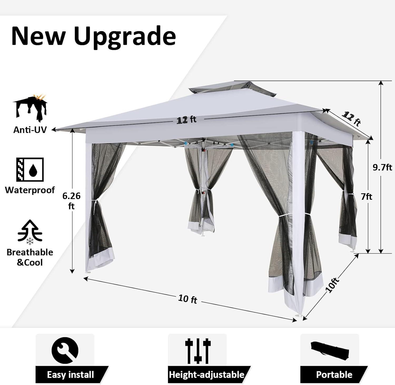 image:imageCOBIZI 12x12 Pop Up Gazebo On Clearance Upgrade Easy Up Metal Outdoor Canopy Waterproof Portable Gazebo with Mosquito Nettings 4 Ropes 8 Stakes and Carry Bag for Patio GardenLight GrayLight Gray