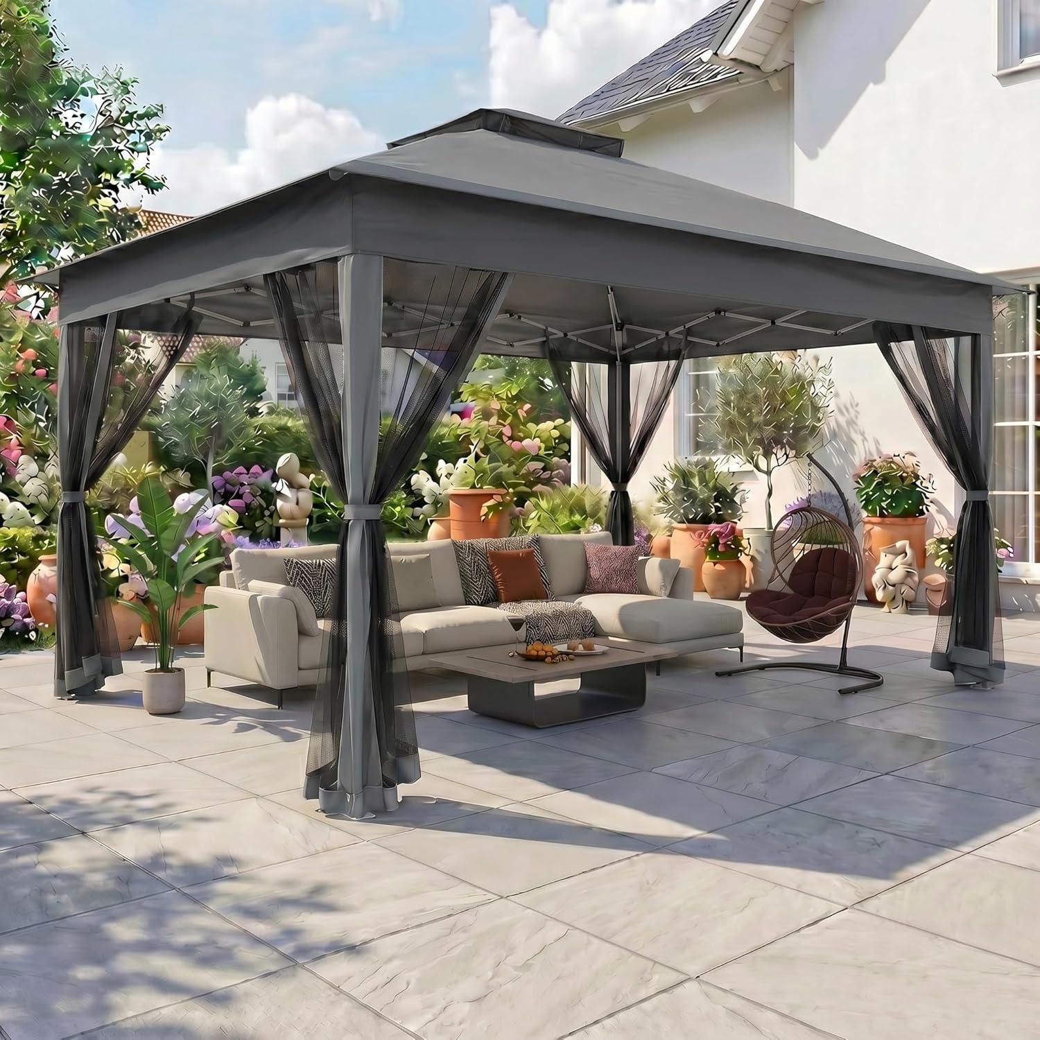 image:imageCOBIZI 12x12 Pop Up Gazebo On Clearance Upgrade Easy Up Metal Outdoor Canopy Waterproof Portable Gazebo with Mosquito Nettings 4 Ropes 8 Stakes and Carry Bag for Patio GardenLight GrayDark GrayUPF50