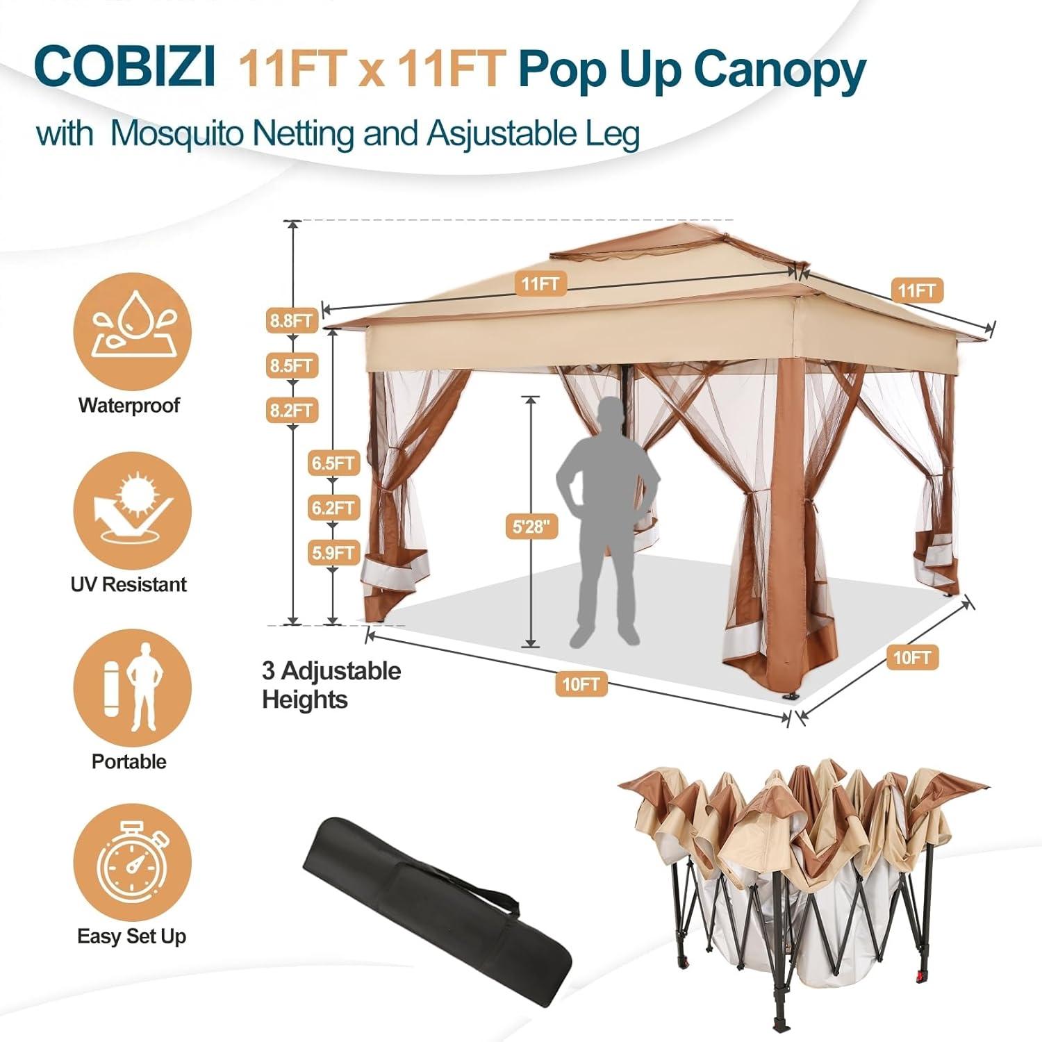 image:imageCOBIZI 12x12 Pop Up Gazebo On Clearance Upgrade Easy Up Metal Outdoor Canopy Waterproof Portable Gazebo with Mosquito Nettings 4 Ropes 8 Stakes and Carry Bag for Patio GardenLight GrayKhakiUPF50