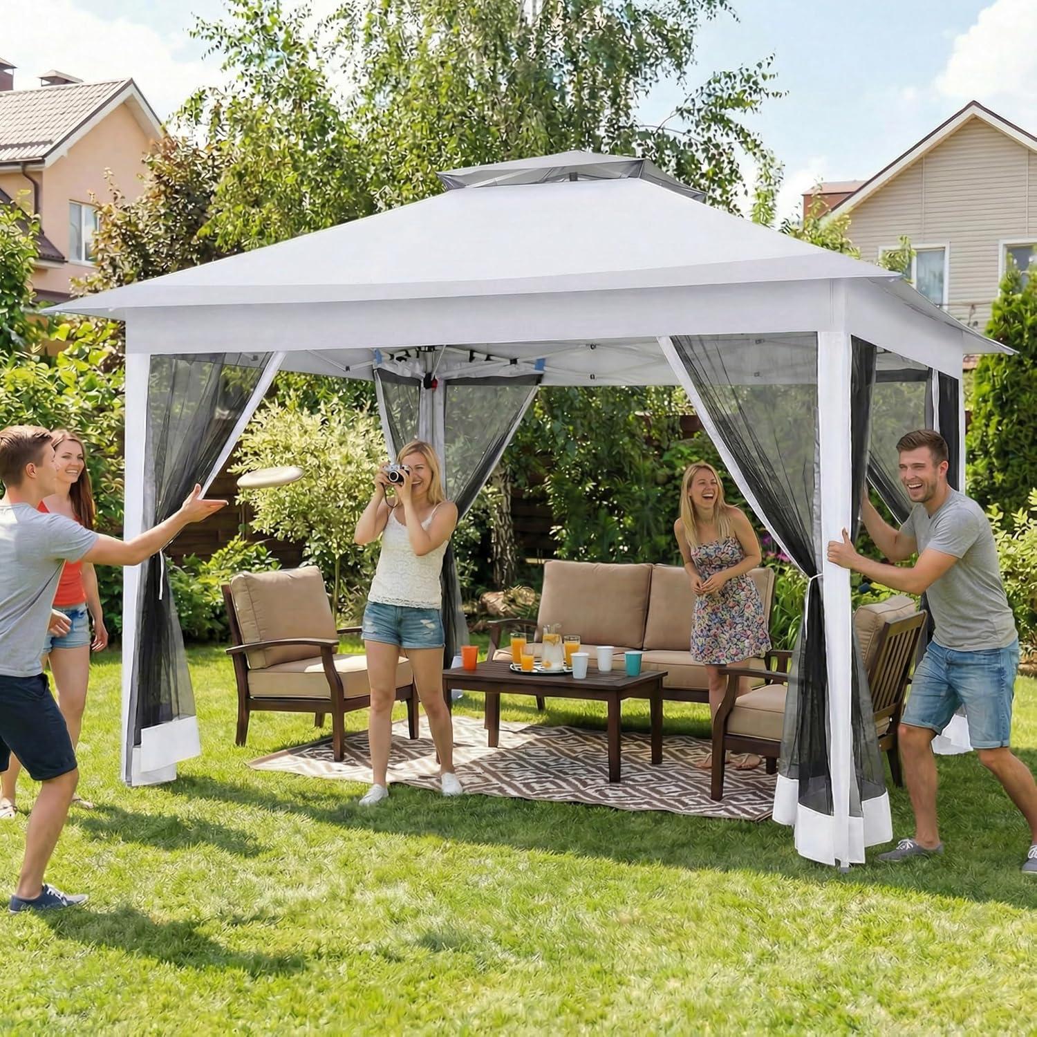 image:imageCOBIZI 12x12 Pop Up Gazebo On Clearance Upgrade Easy Up Metal Outdoor Canopy Waterproof Portable Gazebo with Mosquito Nettings 4 Ropes 8 Stakes and Carry Bag for Patio GardenLight GrayLight GrayUPF50