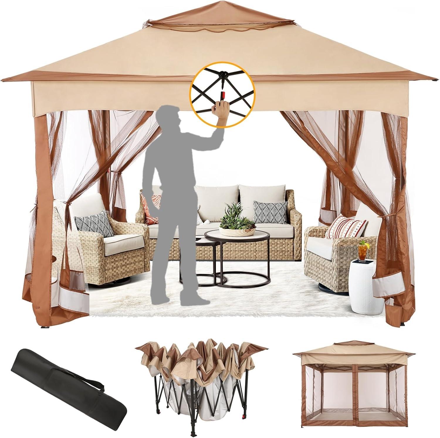 image:imageCOBIZI 12x12 Pop Up Gazebo On Clearance Upgrade Easy Up Metal Outdoor Canopy Waterproof Portable Gazebo with Mosquito Nettings 4 Ropes 8 Stakes and Carry Bag for Patio GardenLight GrayKhaki