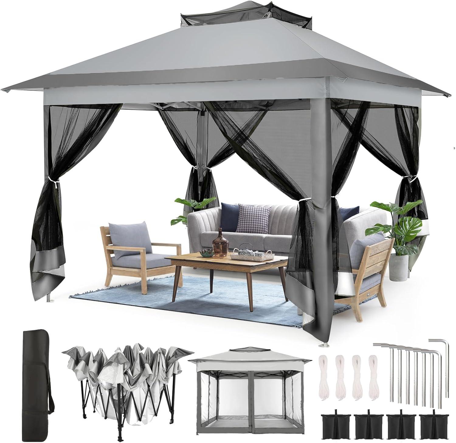 image:imageCOBIZI 12x12 Pop Up Gazebo On Clearance Upgrade Easy Up Metal Outdoor Canopy Waterproof Portable Gazebo with Mosquito Nettings 4 Ropes 8 Stakes and Carry Bag for Patio GardenLight GrayGray