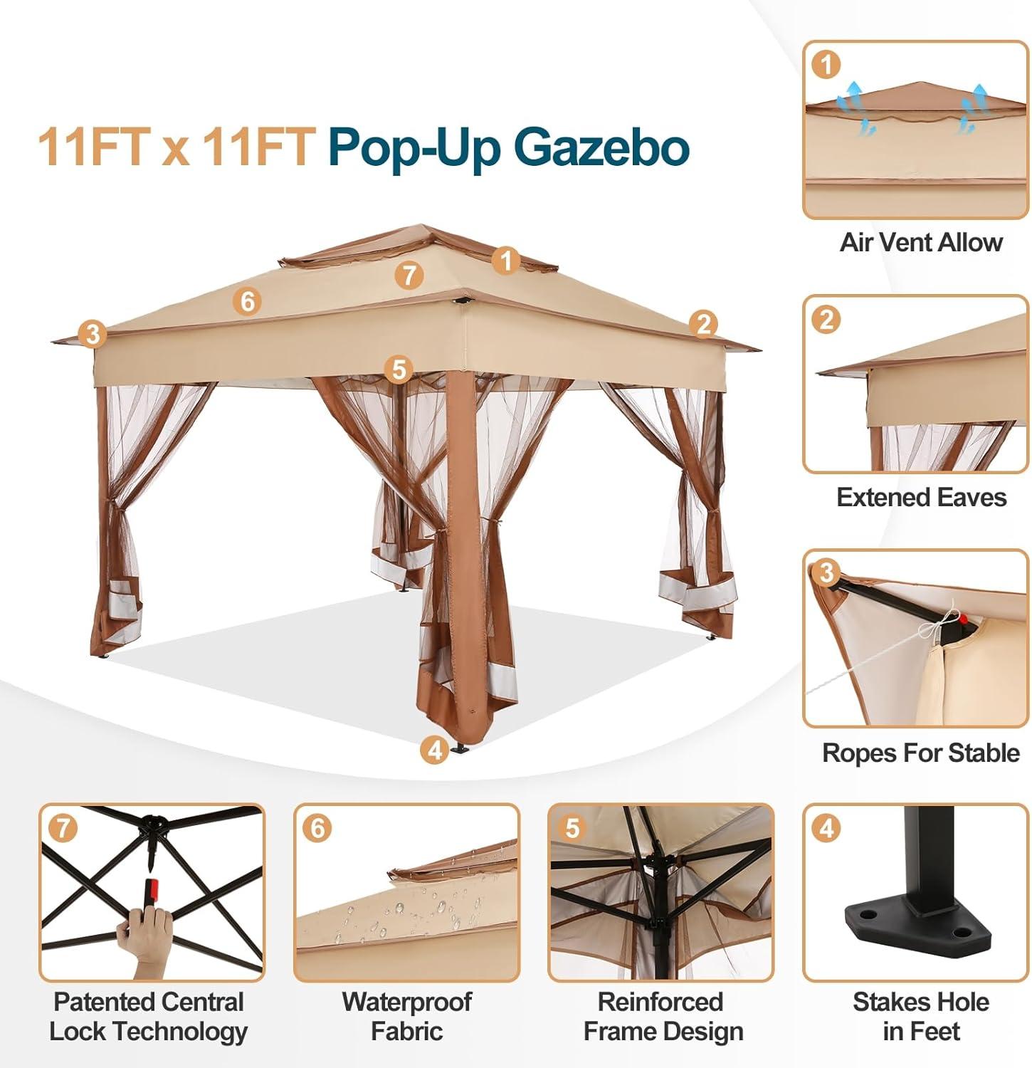 image:imageCOBIZI 12x12 Pop Up Gazebo On Clearance Upgrade Easy Up Metal Outdoor Canopy Waterproof Portable Gazebo with Mosquito Nettings 4 Ropes 8 Stakes and Carry Bag for Patio GardenLight GrayKhaki