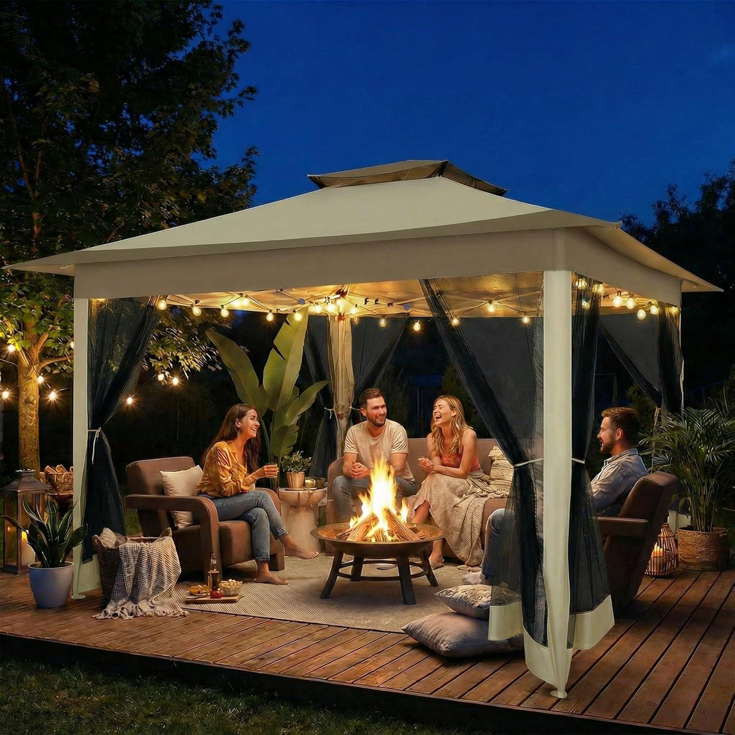 image:imageCOBIZI 12x12 Pop Up Gazebo On Clearance Upgrade Easy Up Metal Outdoor Canopy Waterproof Portable Gazebo with Mosquito Nettings 4 Ropes 8 Stakes and Carry Bag for Patio GardenLight GrayKhakiUPF50
