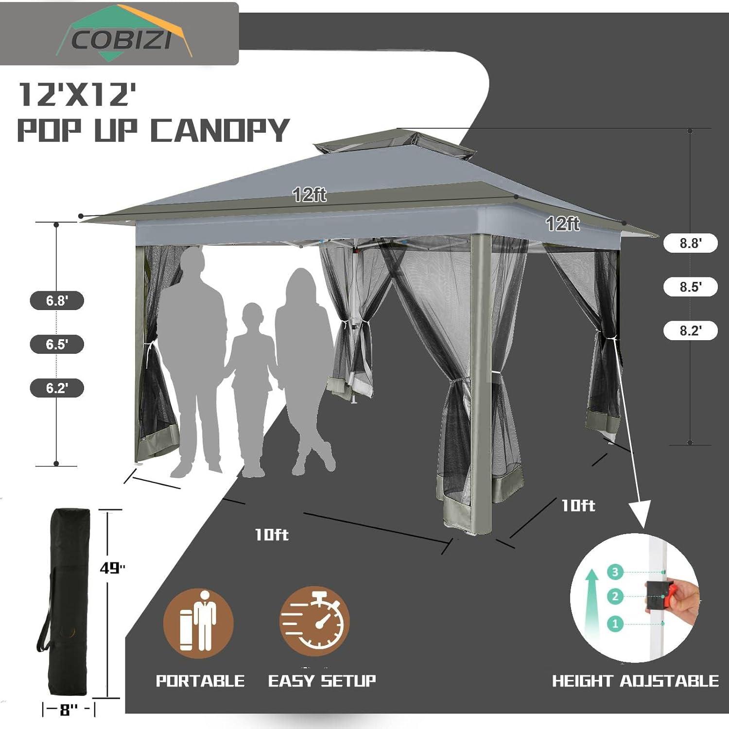 image:imageCOBIZI 12x12 Pop Up Gazebo On Clearance Upgrade Easy Up Metal Outdoor Canopy Waterproof Portable Gazebo with Mosquito Nettings 4 Ropes 8 Stakes and Carry Bag for Patio GardenLight GrayDark Gray