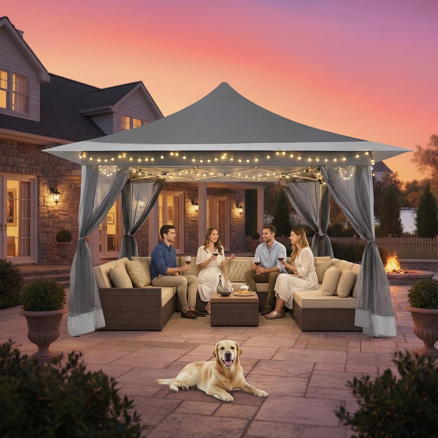 image:imageCOBIZI 12x12 Pop Up Gazebo On Clearance Upgrade Easy Up Metal Outdoor Canopy Waterproof Portable Gazebo with Mosquito Nettings 4 Ropes 8 Stakes and Carry Bag for Patio GardenLight GrayGray