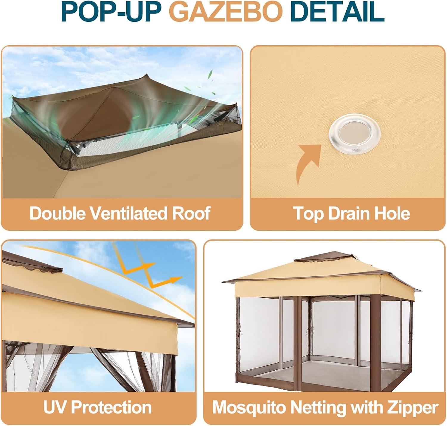 image:imageCOBIZI 12x12 Pop Up Gazebo On Clearance Upgrade Easy Up Metal Outdoor Canopy Waterproof Portable Gazebo with Mosquito Nettings 4 Ropes 8 Stakes and Carry Bag for Patio GardenLight GrayCoffeeUPF50