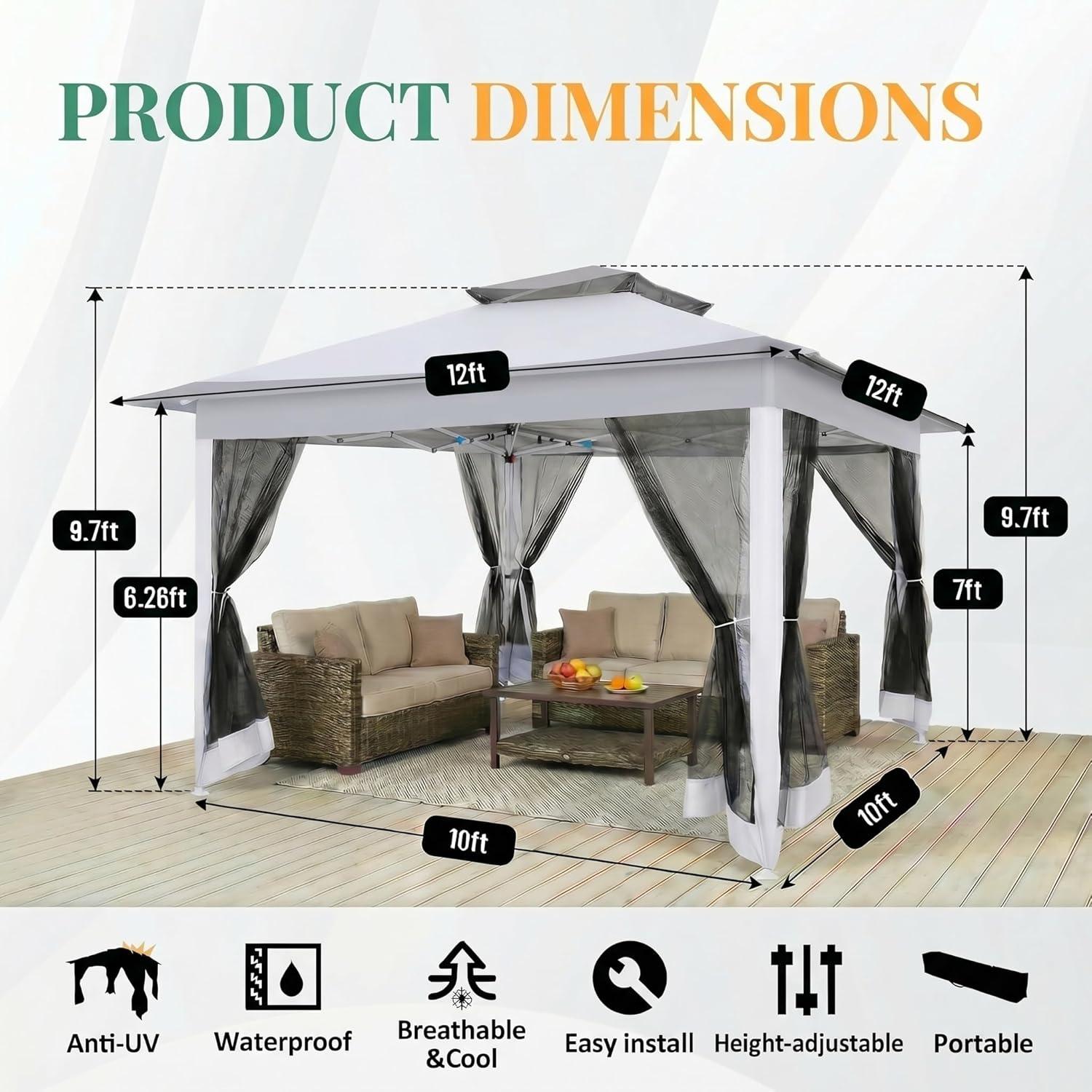 image:imageCOBIZI 12x12 Pop Up Gazebo On Clearance Upgrade Easy Up Metal Outdoor Canopy Waterproof Portable Gazebo with Mosquito Nettings 4 Ropes 8 Stakes and Carry Bag for Patio GardenLight GrayLight GrayUPF50