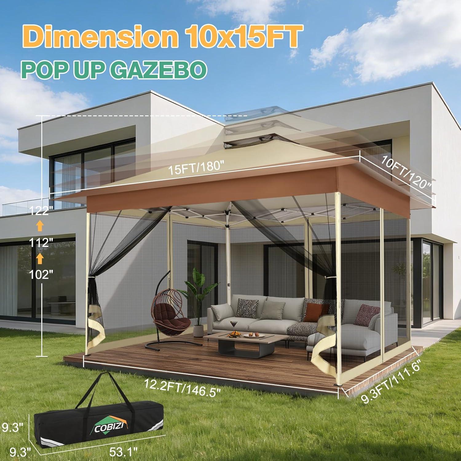 image:imageCOBIZI 12x12 Pop Up Gazebo On Clearance Upgrade Easy Up Metal Outdoor Canopy Waterproof Portable Gazebo with Mosquito Nettings 4 Ropes 8 Stakes and Carry Bag for Patio GardenLight GrayKhaki