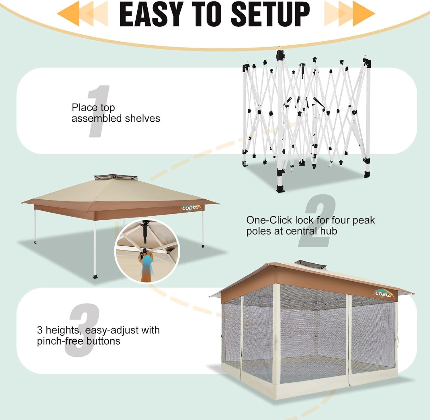 image:imageCOBIZI 12x12 Pop Up Gazebo On Clearance Upgrade Easy Up Metal Outdoor Canopy Waterproof Portable Gazebo with Mosquito Nettings 4 Ropes 8 Stakes and Carry Bag for Patio GardenLight GrayKhakiUPF50