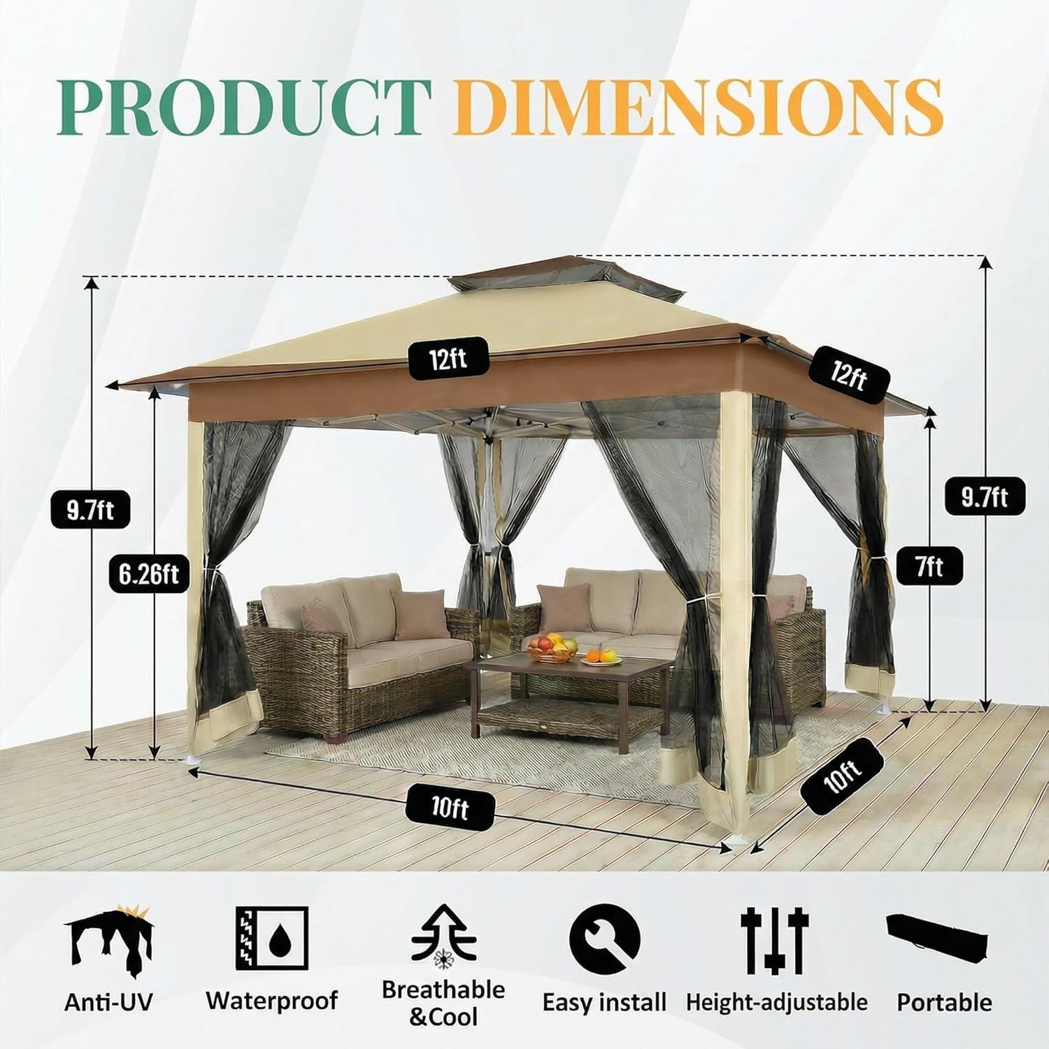 image:imageCOBIZI 12x12 Pop Up Gazebo On Clearance Upgrade Easy Up Metal Outdoor Canopy Waterproof Portable Gazebo with Mosquito Nettings 4 Ropes 8 Stakes and Carry Bag for Patio GardenLight GrayKhakiUPF50