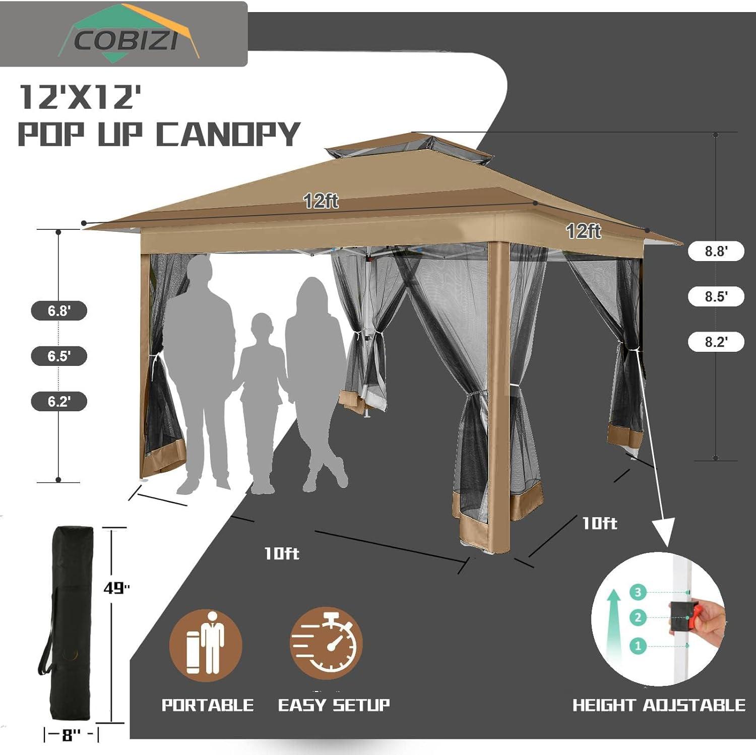 image:imageCOBIZI 12x12 Pop Up Gazebo On Clearance Upgrade Easy Up Metal Outdoor Canopy Waterproof Portable Gazebo with Mosquito Nettings 4 Ropes 8 Stakes and Carry Bag for Patio GardenLight GrayCoffee
