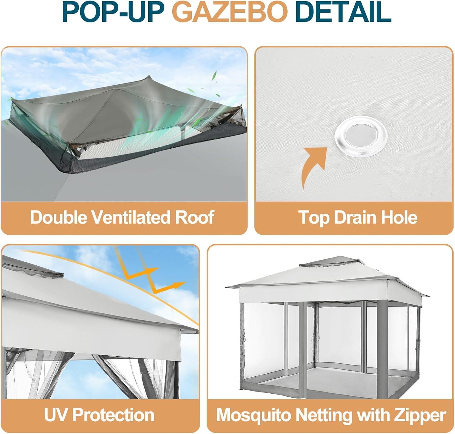 image:imageCOBIZI 12x12 Pop Up Gazebo On Clearance Upgrade Easy Up Metal Outdoor Canopy Waterproof Portable Gazebo with Mosquito Nettings 4 Ropes 8 Stakes and Carry Bag for Patio GardenLight GrayGray
