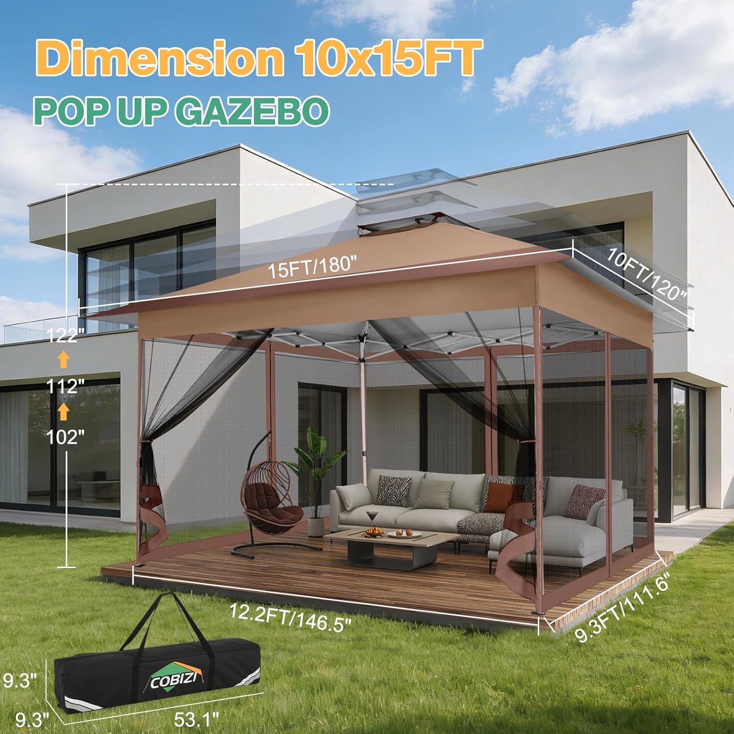 image:imageCOBIZI 12x12 Pop Up Gazebo On Clearance Upgrade Easy Up Metal Outdoor Canopy Waterproof Portable Gazebo with Mosquito Nettings 4 Ropes 8 Stakes and Carry Bag for Patio GardenLight GrayCoffee