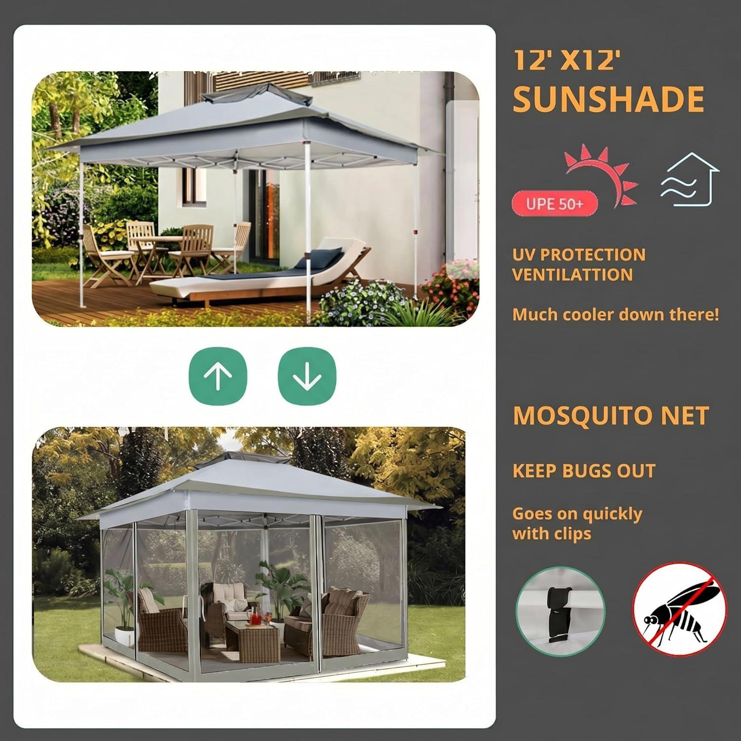image:imageCOBIZI 12x12 Pop Up Gazebo On Clearance Upgrade Easy Up Metal Outdoor Canopy Waterproof Portable Gazebo with Mosquito Nettings 4 Ropes 8 Stakes and Carry Bag for Patio GardenLight GrayDark GrayUPF50