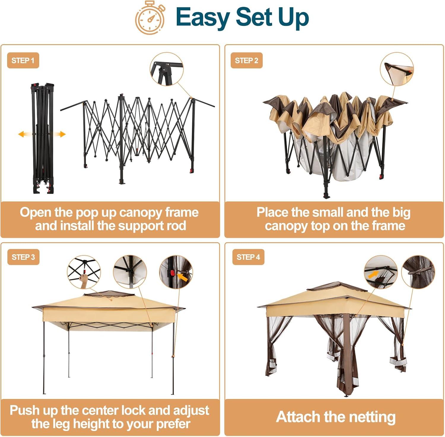 image:imageCOBIZI 12x12 Pop Up Gazebo On Clearance Upgrade Easy Up Metal Outdoor Canopy Waterproof Portable Gazebo with Mosquito Nettings 4 Ropes 8 Stakes and Carry Bag for Patio GardenLight GrayCoffee