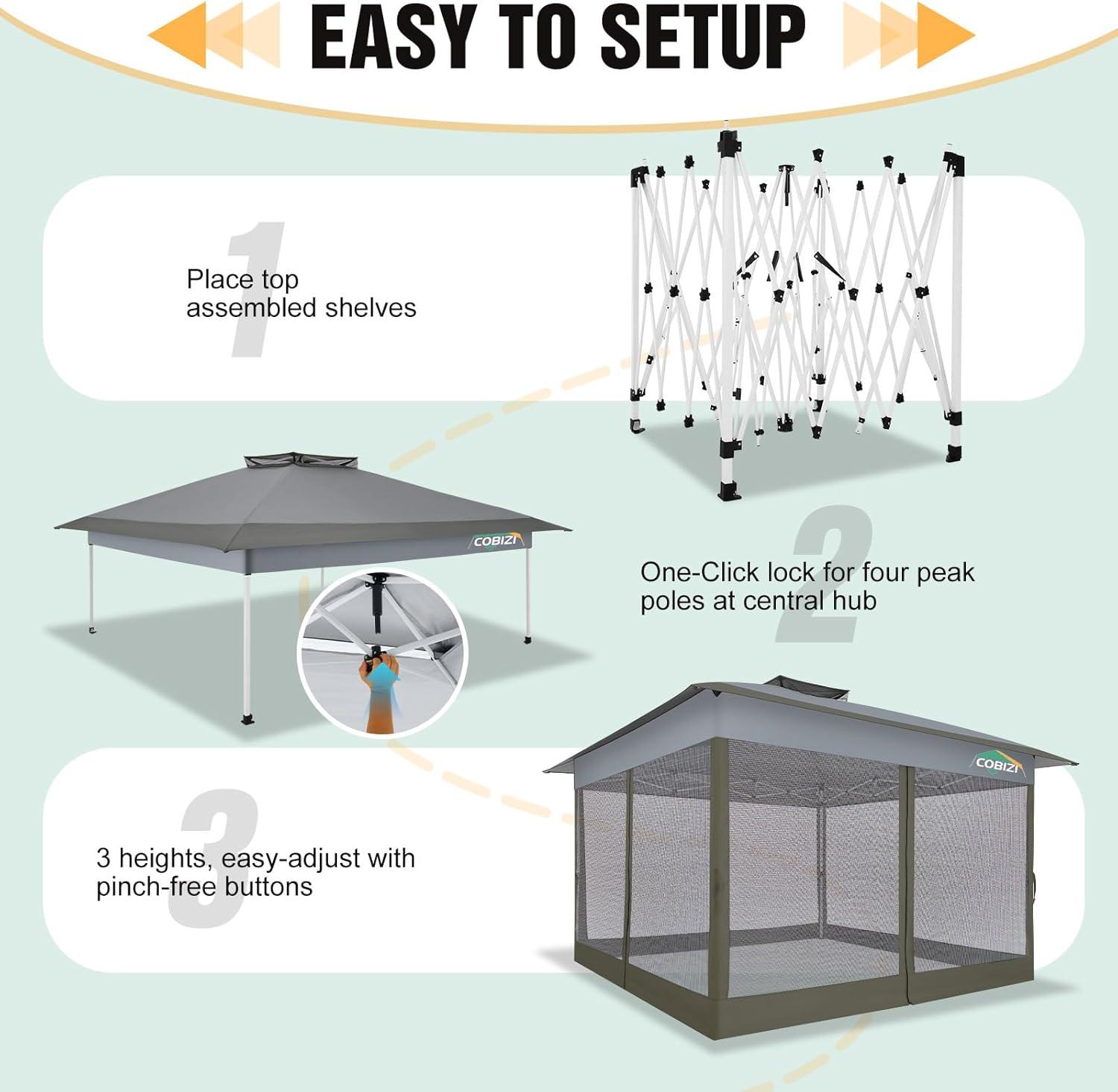image:imageCOBIZI 12x12 Pop Up Gazebo On Clearance Upgrade Easy Up Metal Outdoor Canopy Waterproof Portable Gazebo with Mosquito Nettings 4 Ropes 8 Stakes and Carry Bag for Patio GardenLight GrayDark GrayUPF50