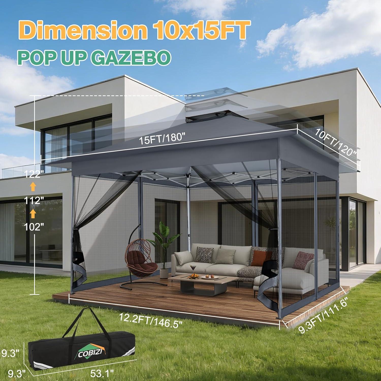 image:imageCOBIZI 12x12 Pop Up Gazebo On Clearance Upgrade Easy Up Metal Outdoor Canopy Waterproof Portable Gazebo with Mosquito Nettings 4 Ropes 8 Stakes and Carry Bag for Patio GardenLight GrayDark Gray
