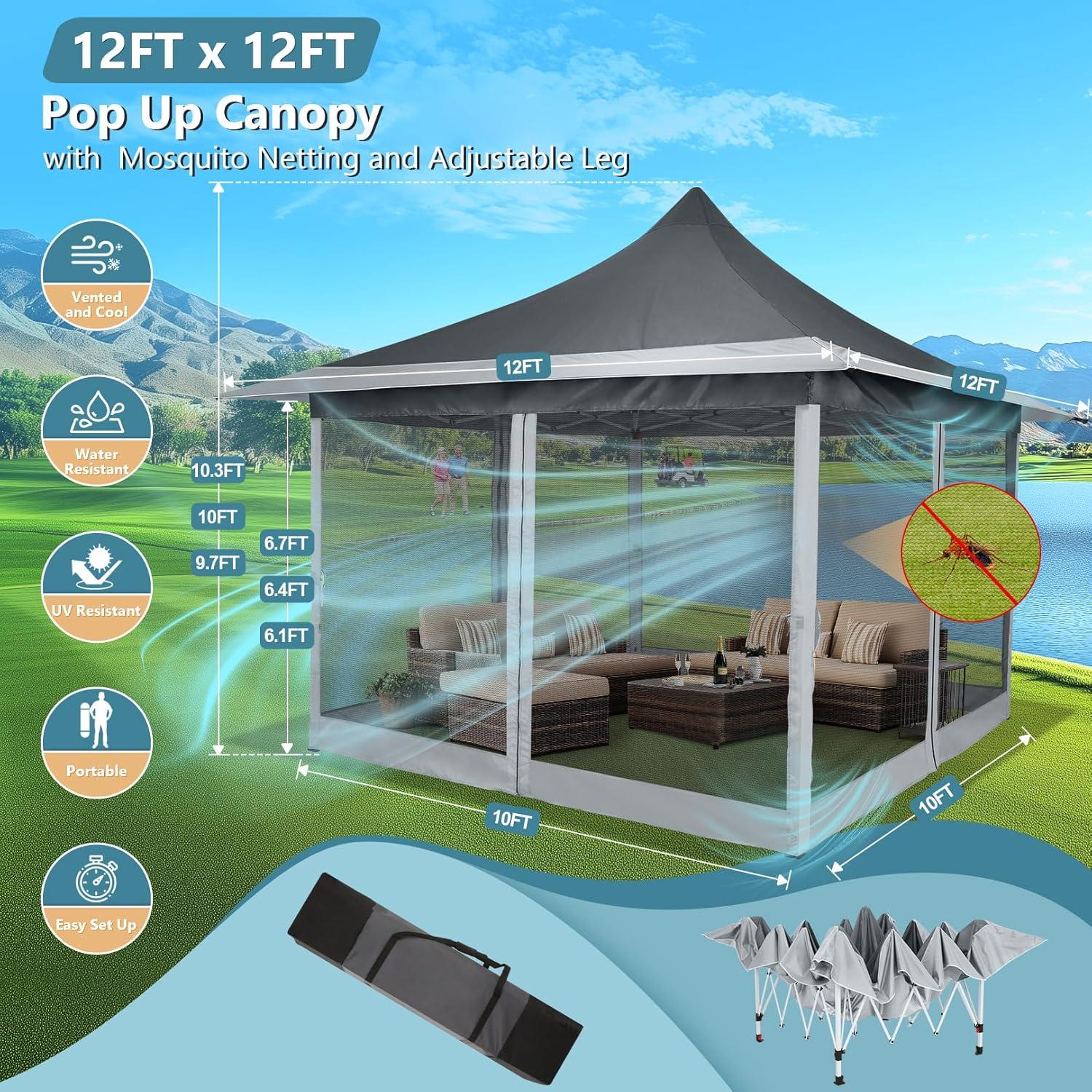 image:imageCOBIZI 12x12 Pop Up Gazebo On Clearance Upgrade Easy Up Metal Outdoor Canopy Waterproof Portable Gazebo with Mosquito Nettings 4 Ropes 8 Stakes and Carry Bag for Patio GardenLight GrayGray