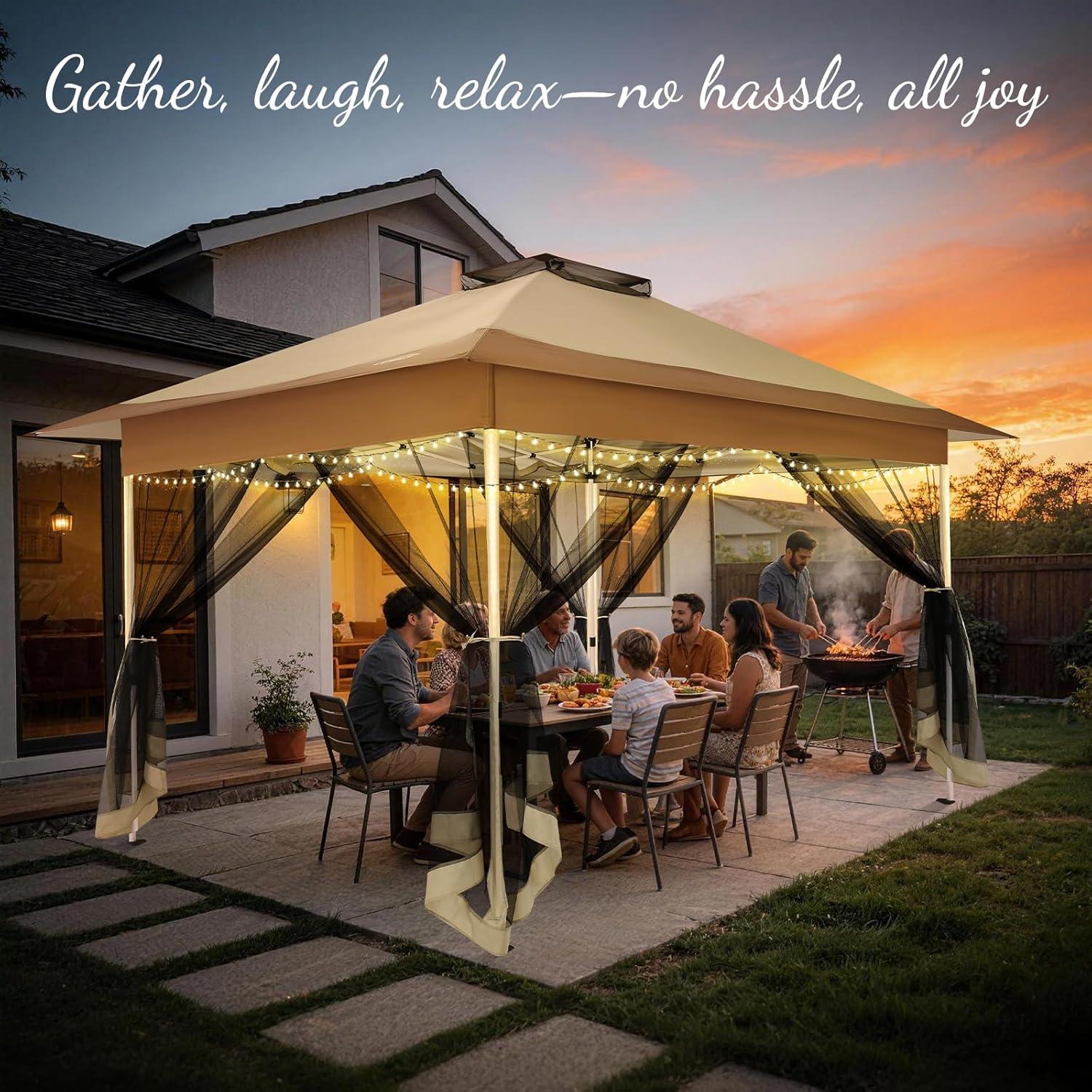image:imageCOBIZI 12x12 Pop Up Gazebo On Clearance Upgrade Easy Up Metal Outdoor Canopy Waterproof Portable Gazebo with Mosquito Nettings 4 Ropes 8 Stakes and Carry Bag for Patio GardenLight GrayKhaki
