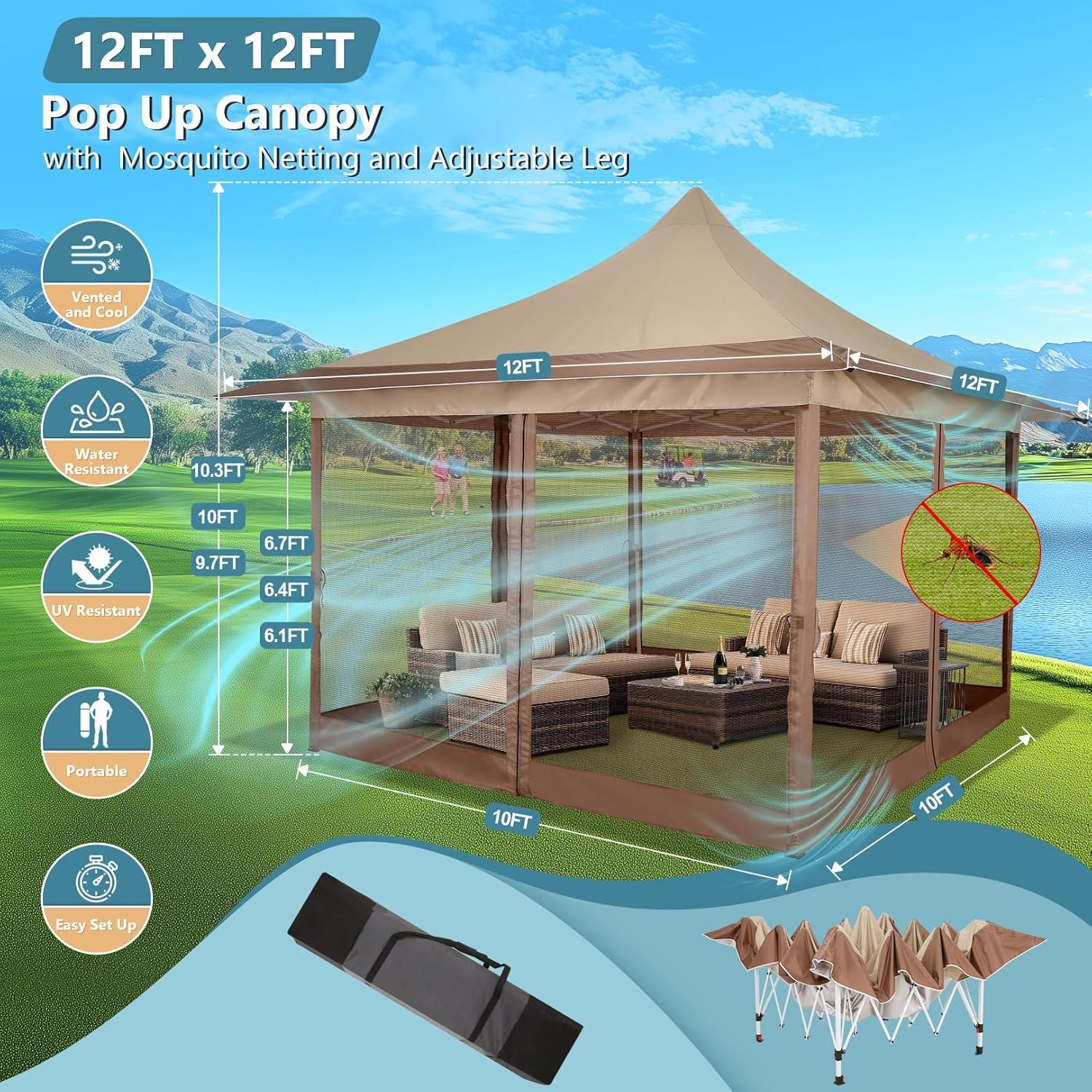 image:imageCOBIZI 12x12 Pop Up Gazebo On Clearance Upgrade Easy Up Metal Outdoor Canopy Waterproof Portable Gazebo with Mosquito Nettings 4 Ropes 8 Stakes and Carry Bag for Patio GardenLight GrayKhaki 3 Year Warranty