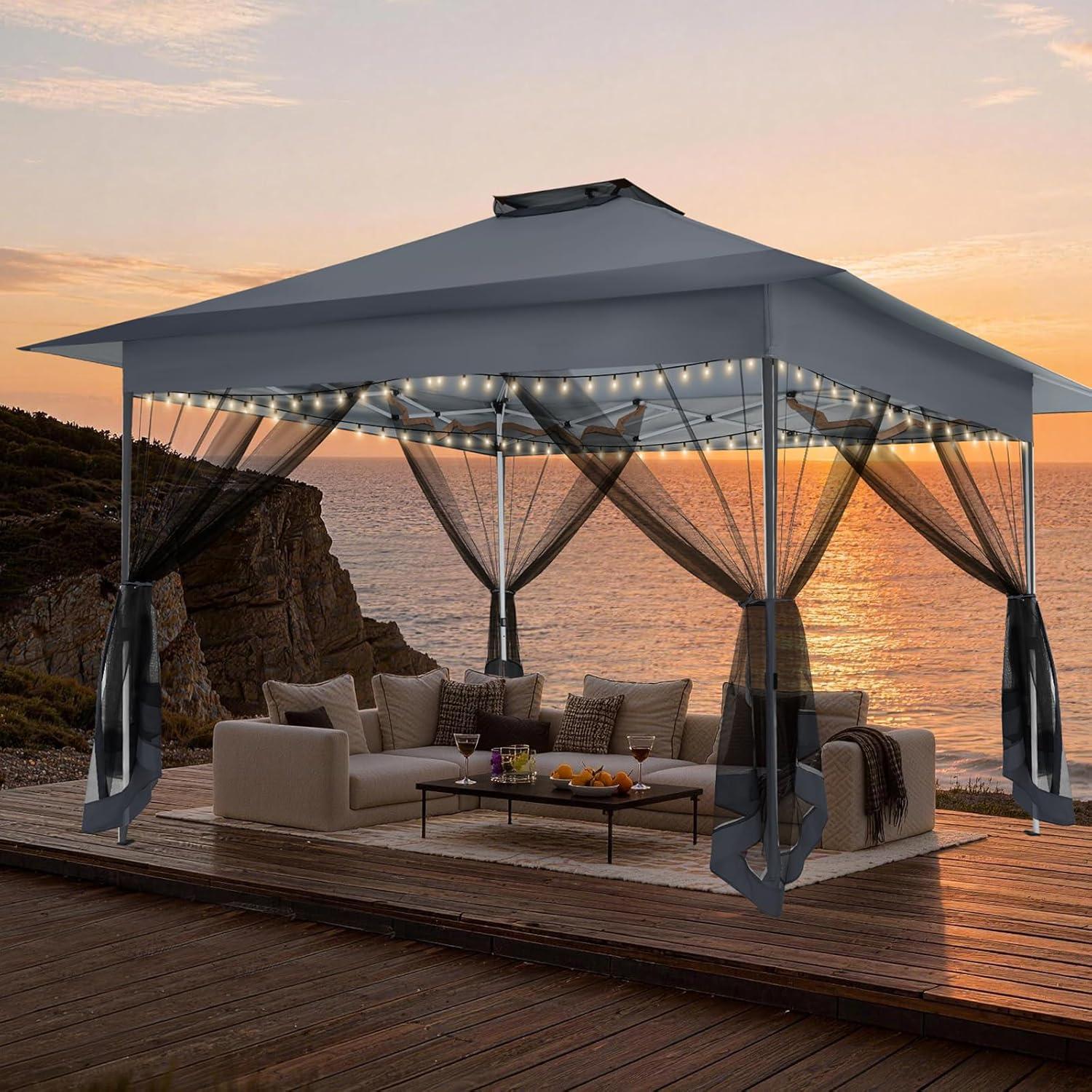 image:imageCOBIZI 12x12 Pop Up Gazebo On Clearance Upgrade Easy Up Metal Outdoor Canopy Waterproof Portable Gazebo with Mosquito Nettings 4 Ropes 8 Stakes and Carry Bag for Patio GardenLight GrayDark Gray