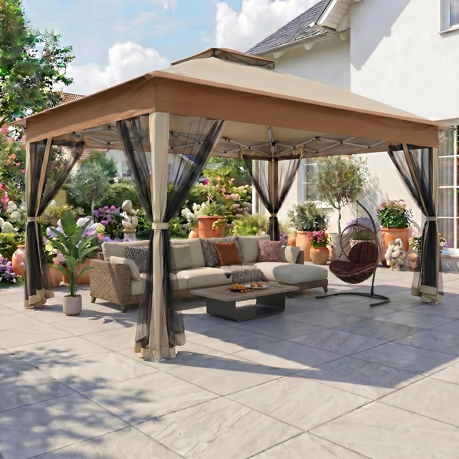 image:imageCOBIZI 12x12 Pop Up Gazebo On Clearance Upgrade Easy Up Metal Outdoor Canopy Waterproof Portable Gazebo with Mosquito Nettings 4 Ropes 8 Stakes and Carry Bag for Patio GardenLight GrayKhakiUPF50