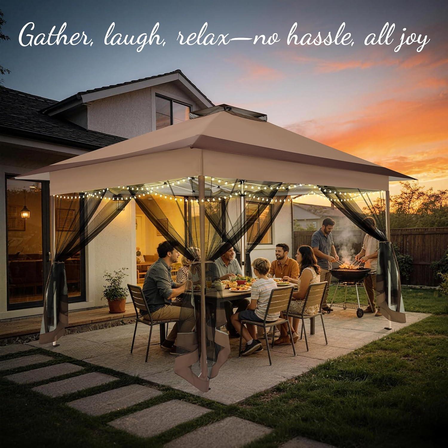 image:imageCOBIZI 12x12 Pop Up Gazebo On Clearance Upgrade Easy Up Metal Outdoor Canopy Waterproof Portable Gazebo with Mosquito Nettings 4 Ropes 8 Stakes and Carry Bag for Patio GardenLight GrayCoffee