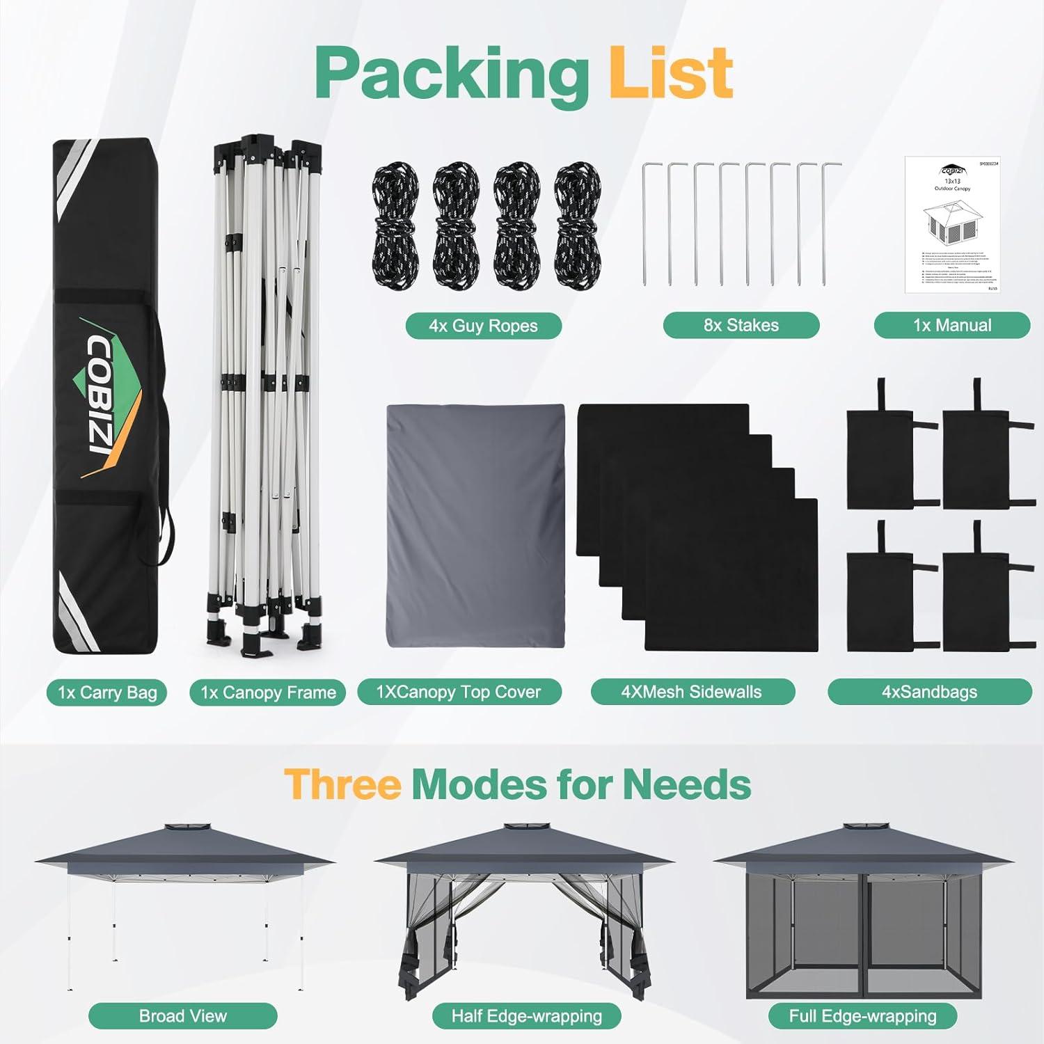 image:imageCOBIZI 12x12 Pop Up Gazebo On Clearance Upgrade Easy Up Metal Outdoor Canopy Waterproof Portable Gazebo with Mosquito Nettings 4 Ropes 8 Stakes and Carry Bag for Patio GardenLight GrayDark GrayUPF50