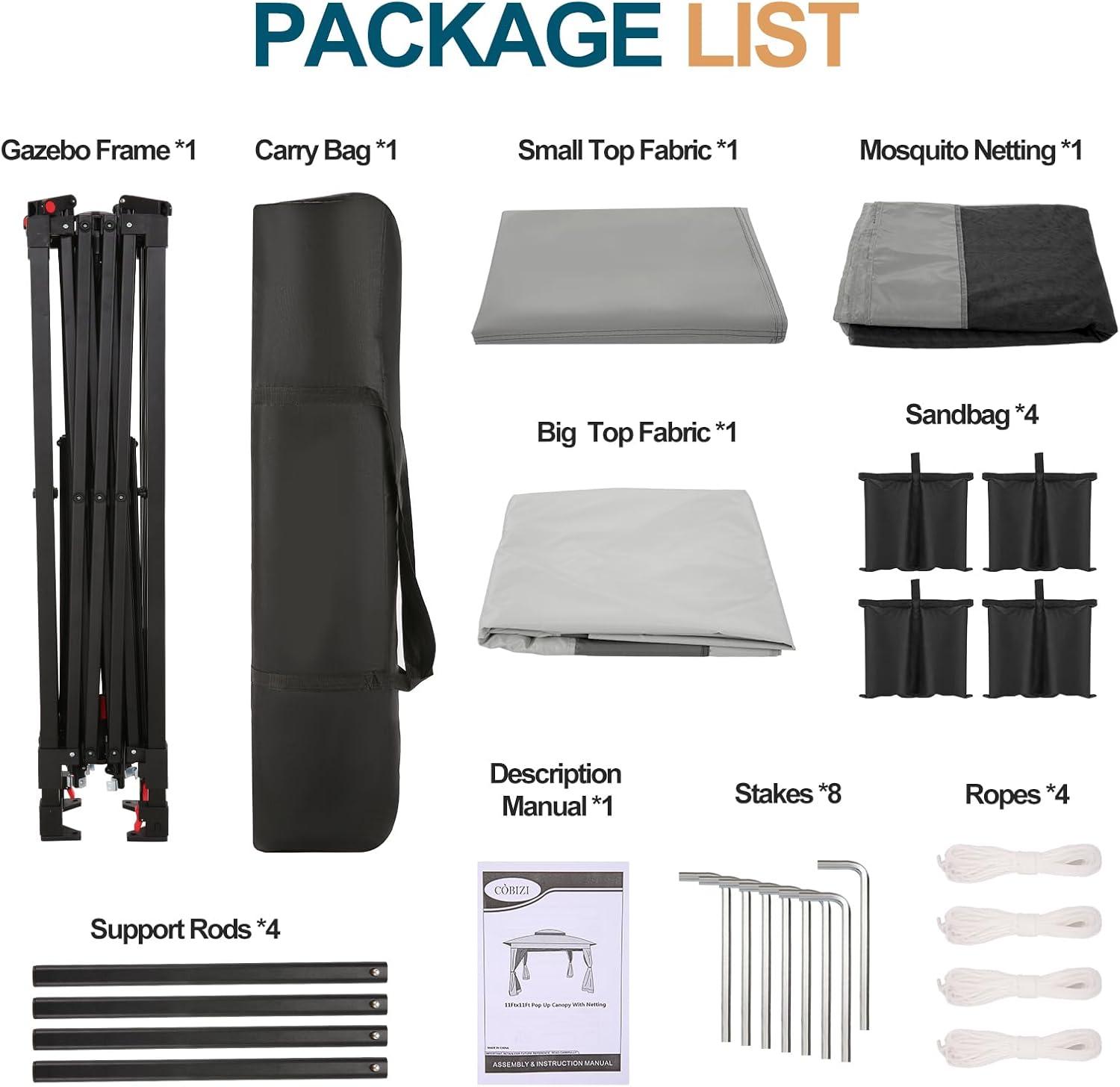 image:imageCOBIZI 12x12 Pop Up Gazebo On Clearance Upgrade Easy Up Metal Outdoor Canopy Waterproof Portable Gazebo with Mosquito Nettings 4 Ropes 8 Stakes and Carry Bag for Patio GardenLight GrayDark GrayUPF50